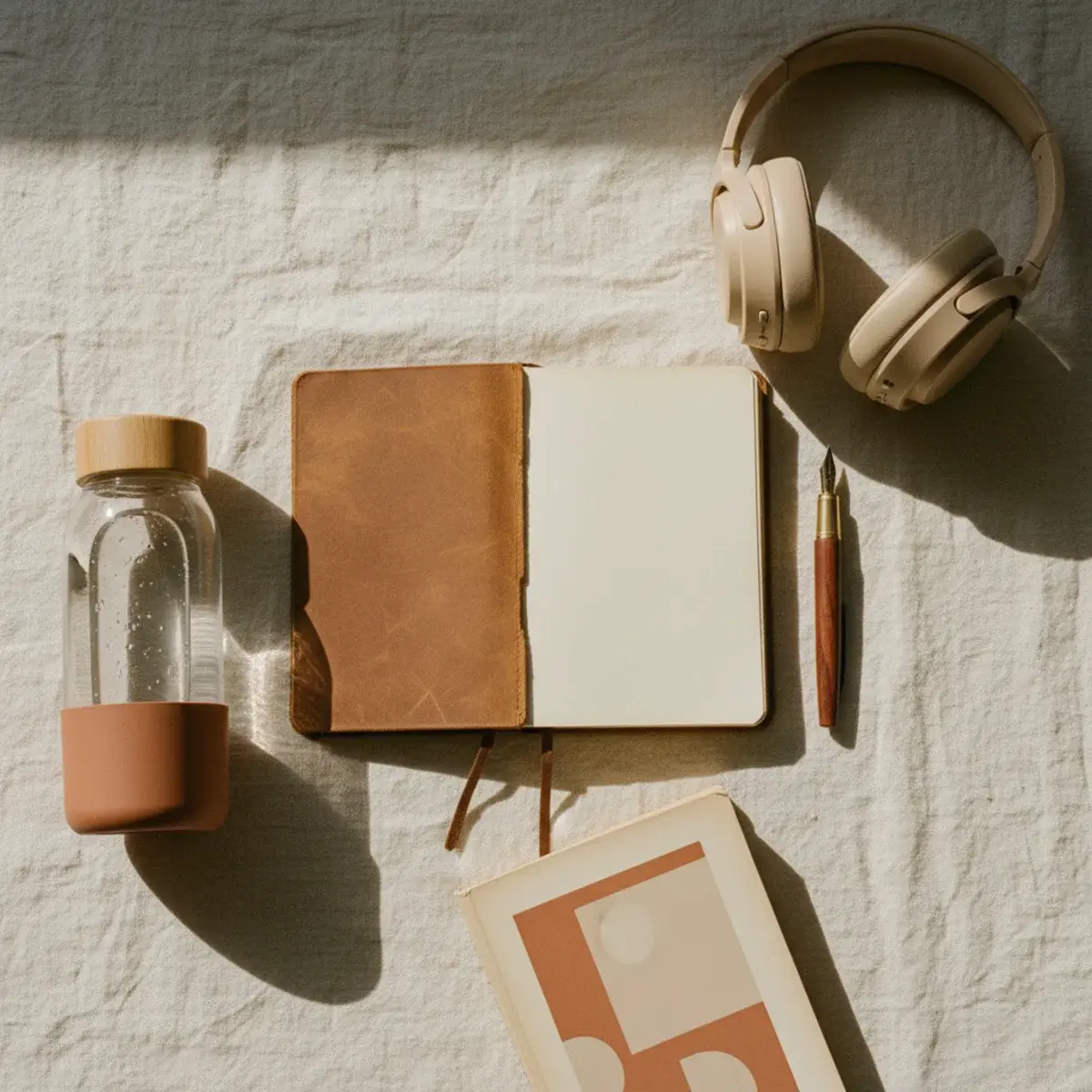 A flat-lay of library study essentials including a leather notebook, fountain pen, water bottle, headphones, and a paperback book on a wooden table