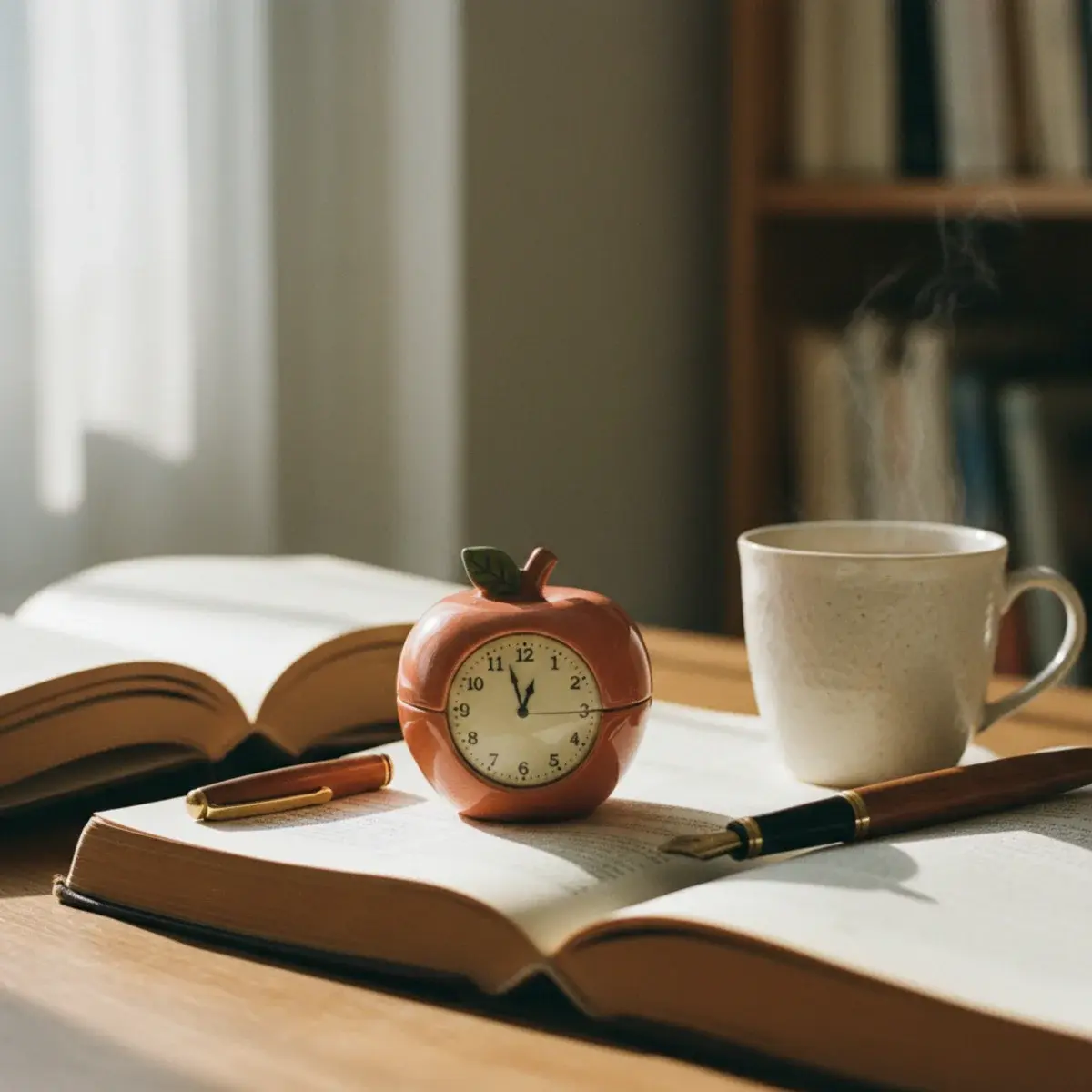 A study desk with a small tomato-shaped kitchen timer, an open notebook, a pen, and a cup of black coffee in warm window light