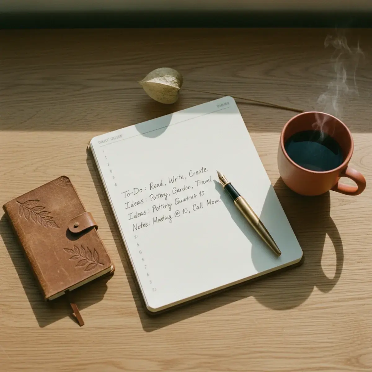 A neatly organised student desk with a laptop, a planner open to a productive weekly spread, a cup of green tea, and a single pothos plant