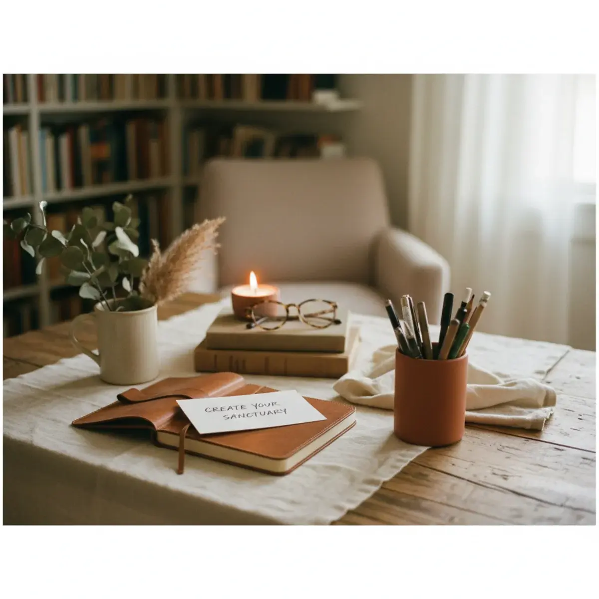 A pinboard with carefully arranged academic-aesthetic images including a sunlit library, a hardback notebook, dried flowers, polaroids, and hand-written goal cards, in soft window light