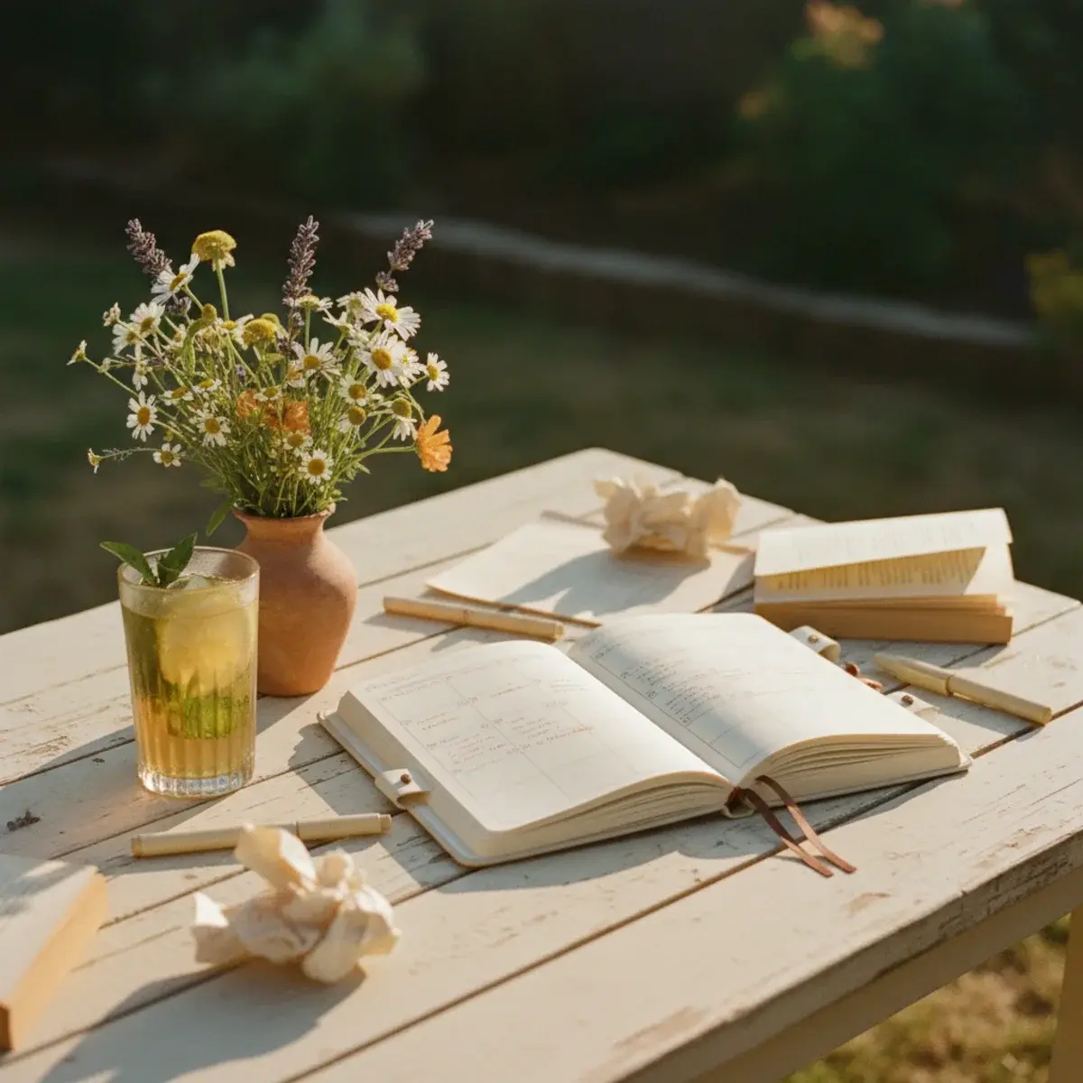 A summer study setup outdoors on a patio with an open textbook, a glass of iced lemon water, sunglasses, and a straw hat in dappled light