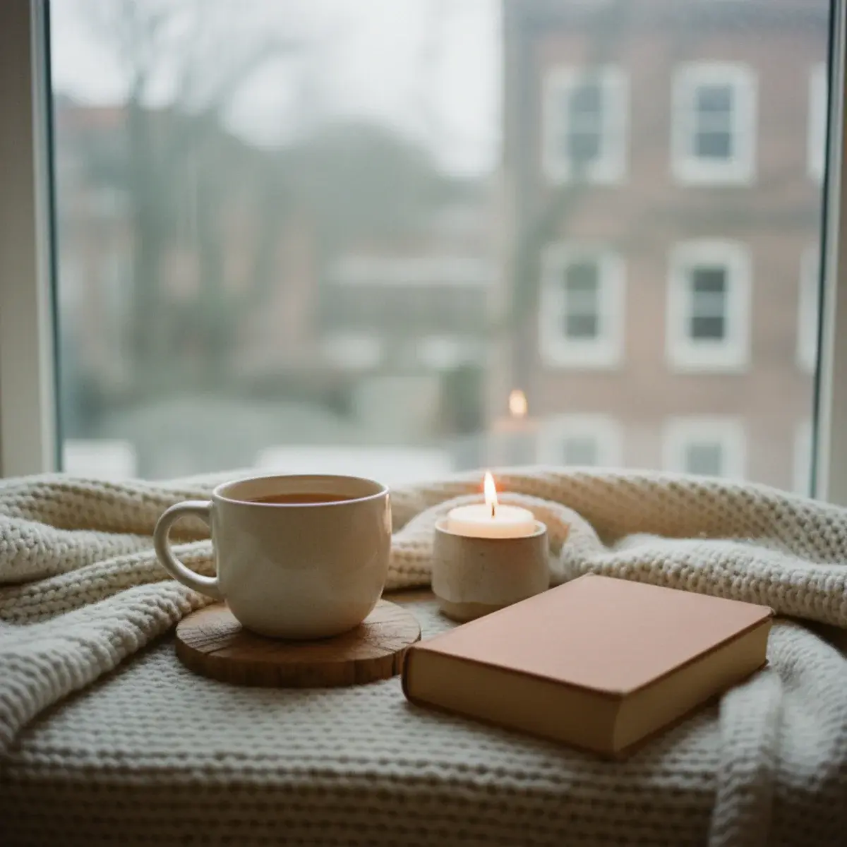 A young woman stretching at her study desk during a break with a cup of tea, an open notebook, and warm window light behind her