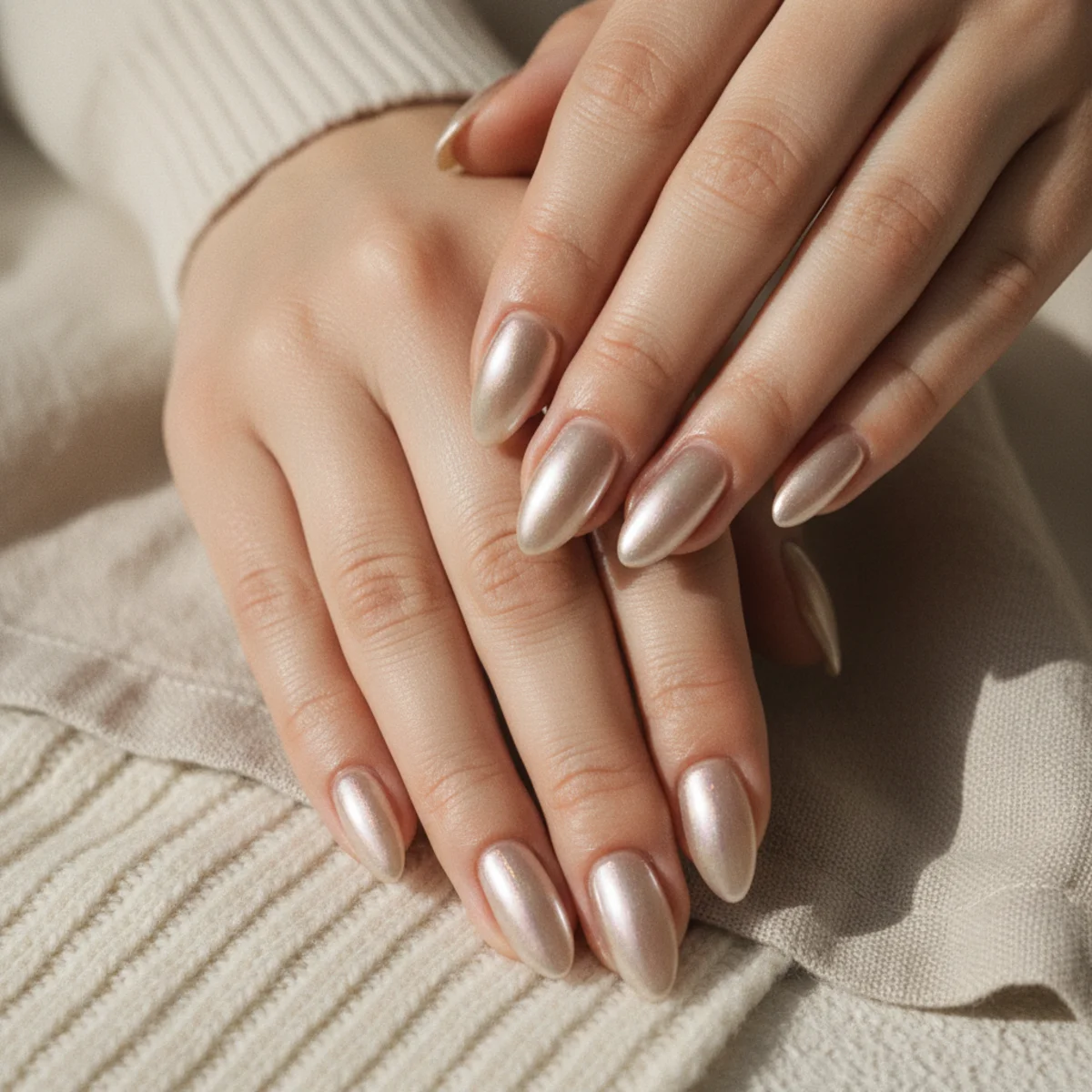 Almond nails coated in a glossy glazed pearl chrome on a cream knit background