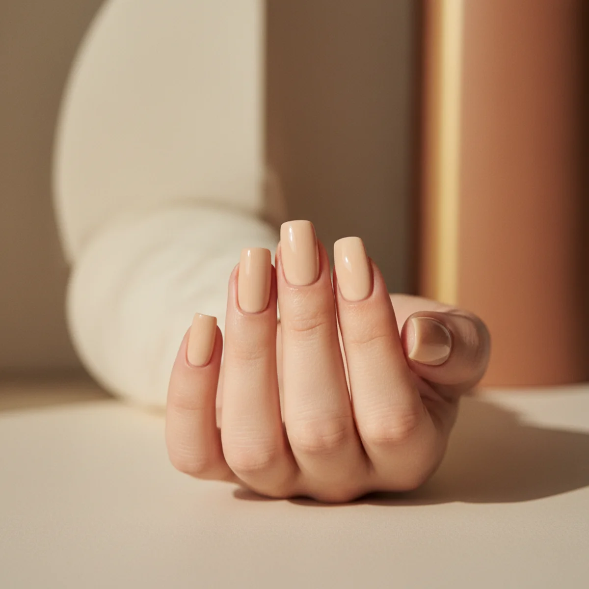 Even square-oval nails in a warm creamy beige neutral with a glossy top coat