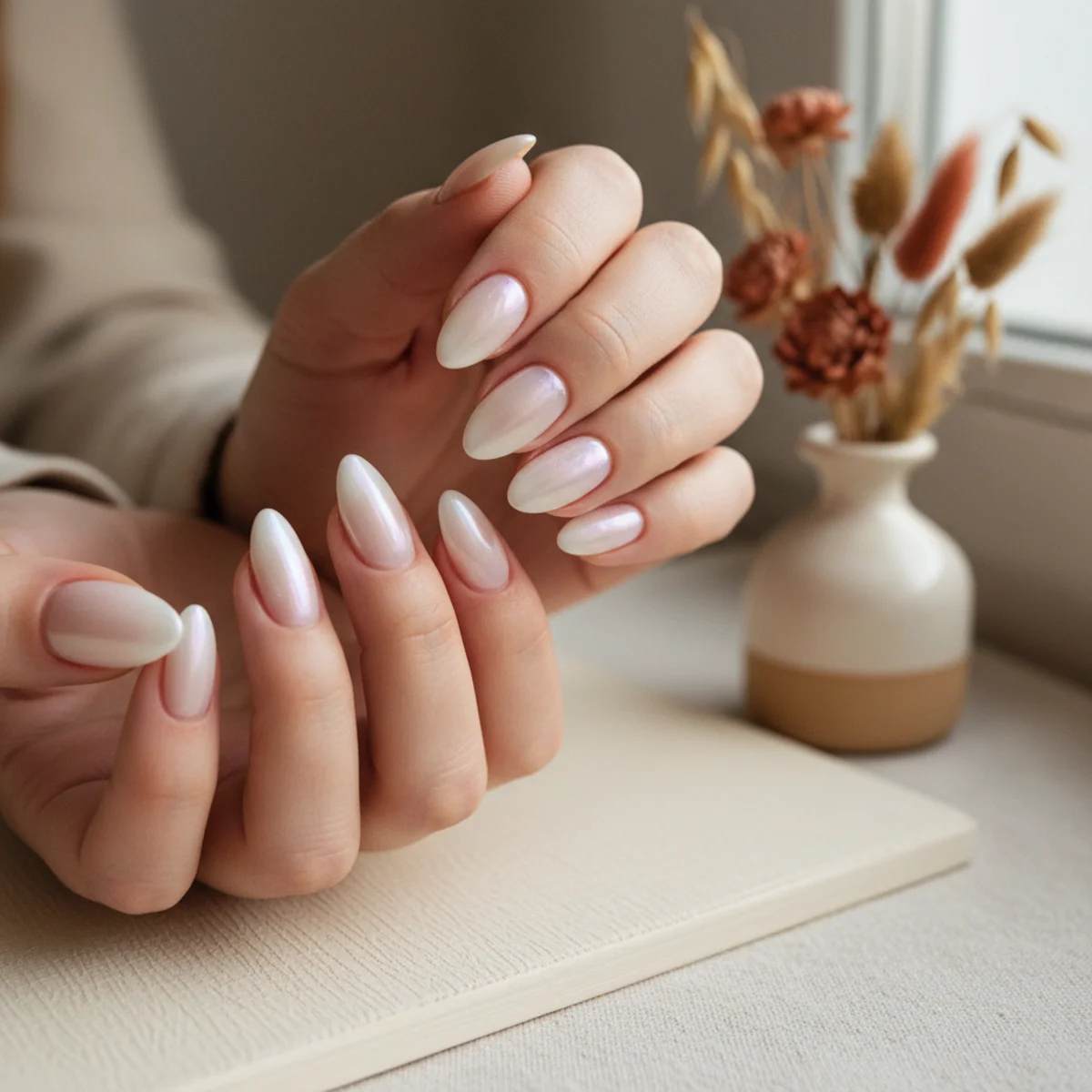 Nails with a sheer milky base and a soft glazed-chrome French tip