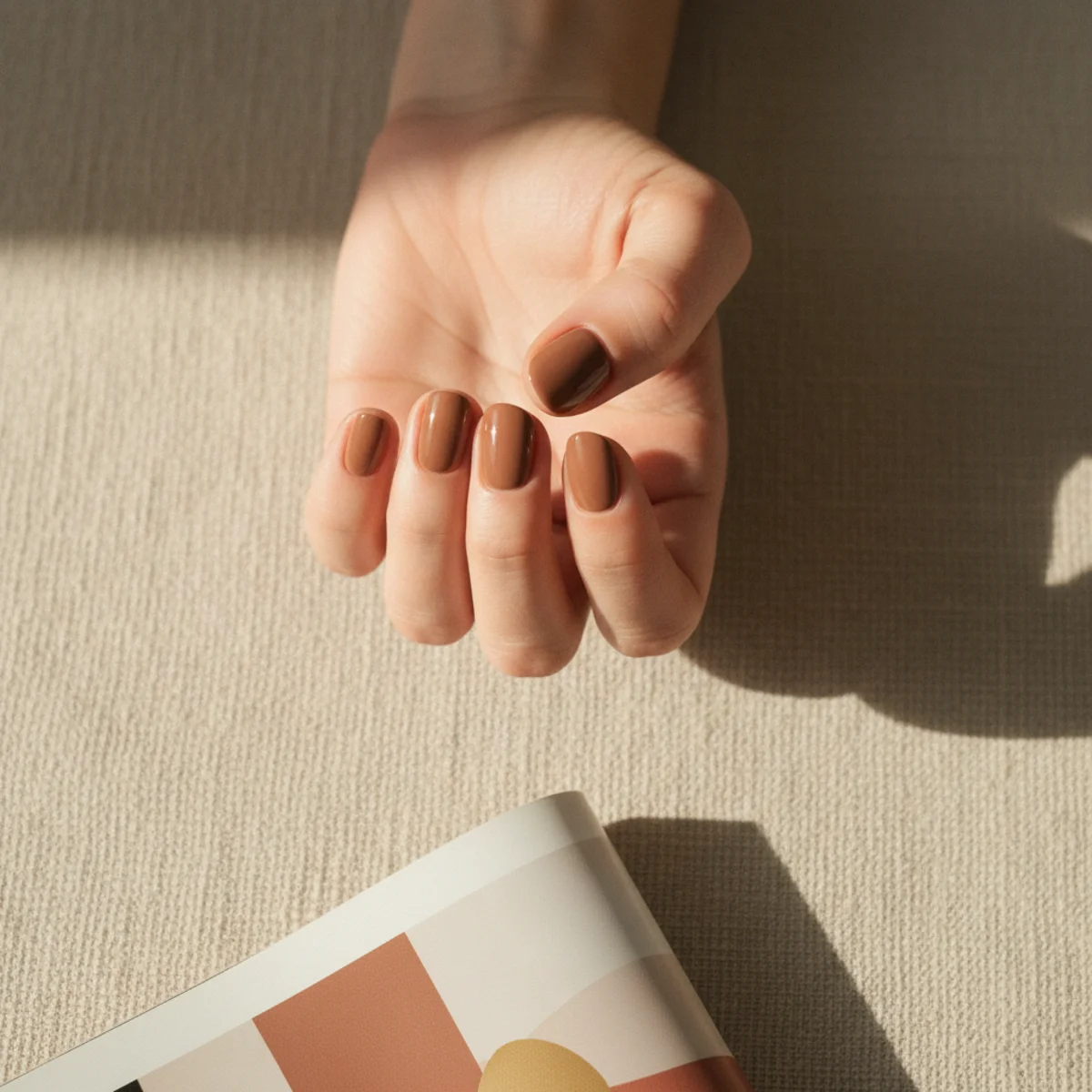 Short rounded nails in a warm soft mocha-brown creme shade on a linen surface