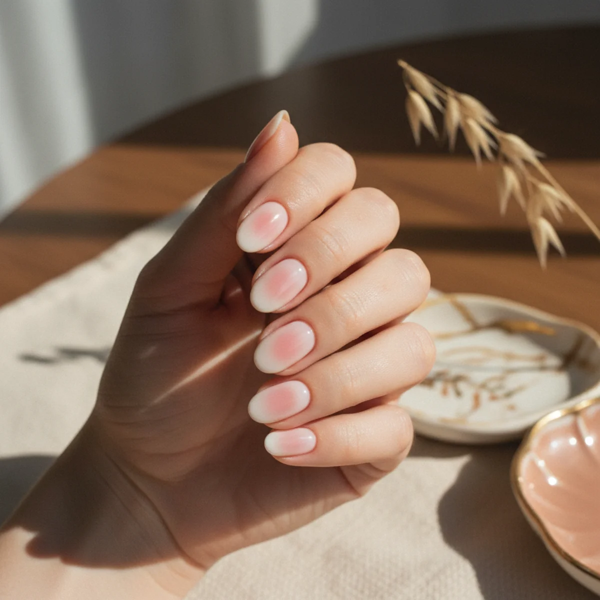 Oval nails with a soft airbrushed blush-pink aura halo blended over a sheer base