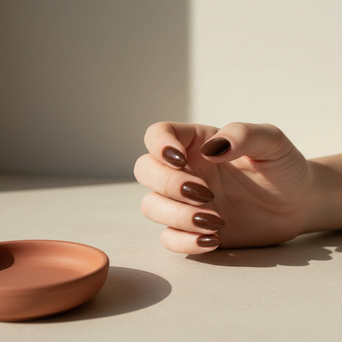 Long almond nails in a deep rich chocolate brown with a glossy finish