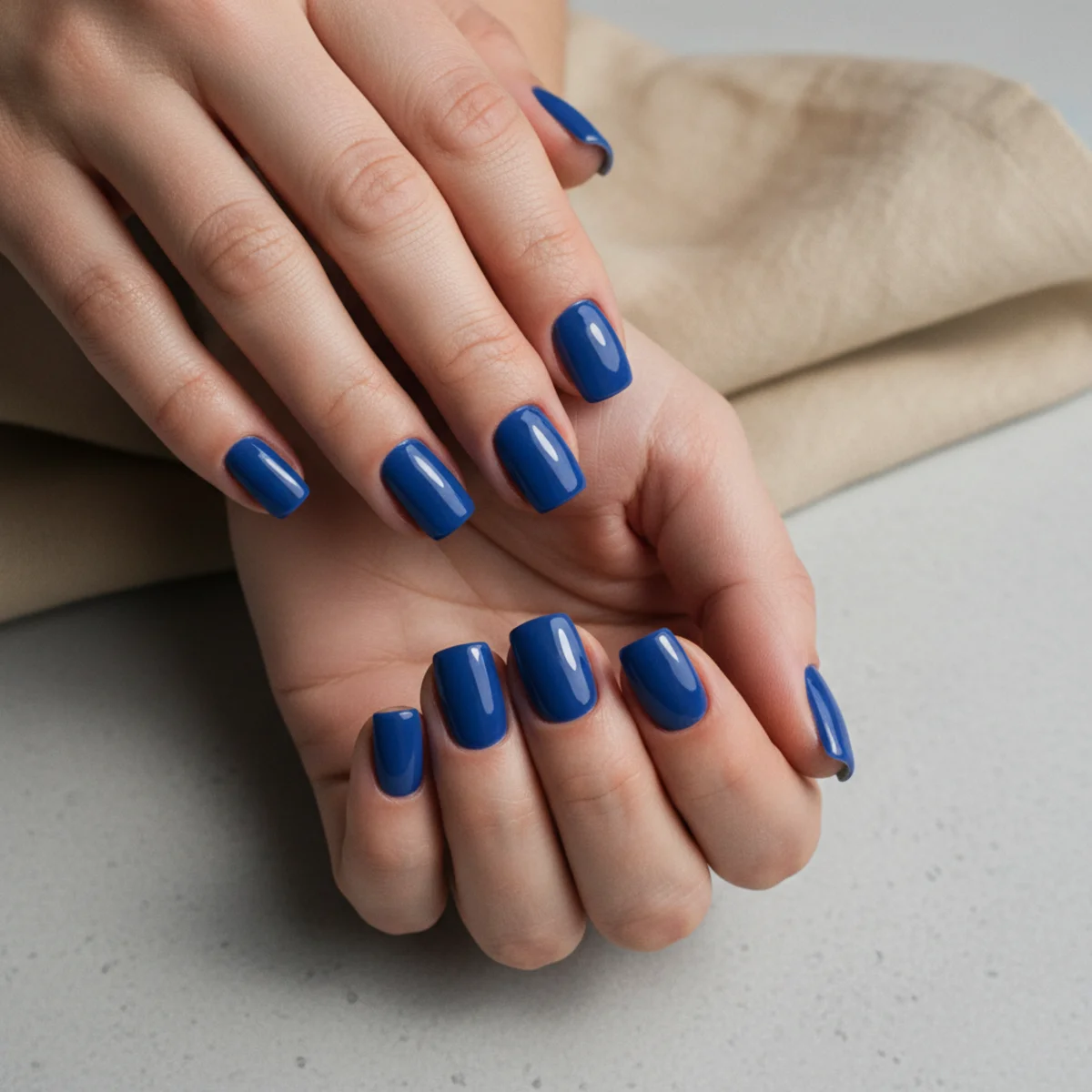 Short square nails in a vivid glossy cobalt blue on a light grey surface