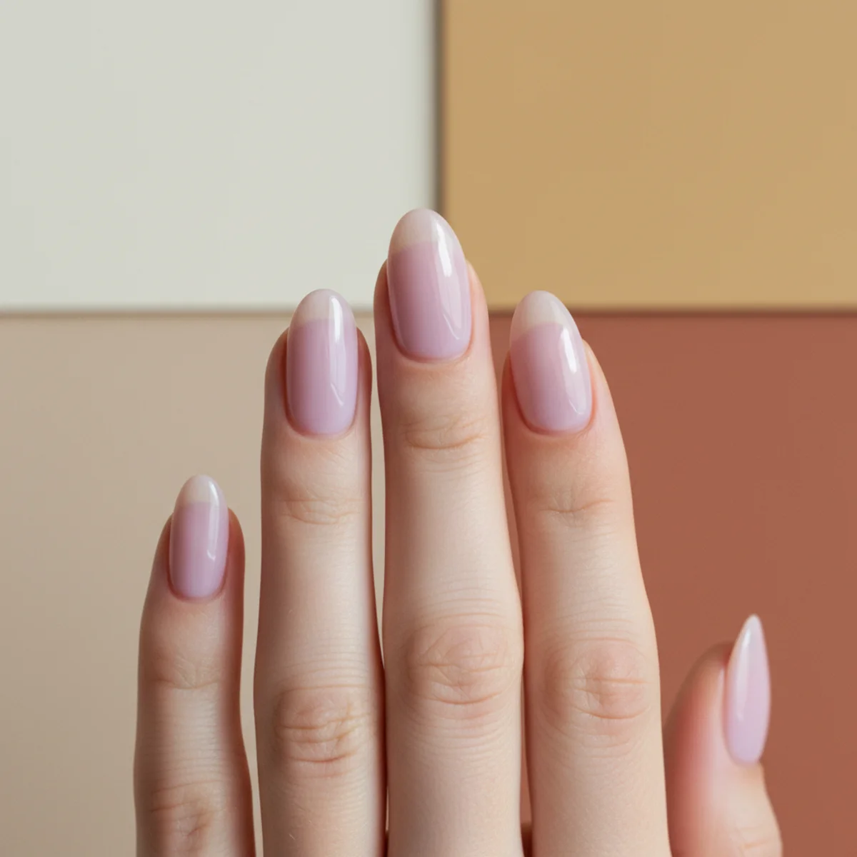 Oval nails in a translucent soft lavender jelly finish with a glassy top coat