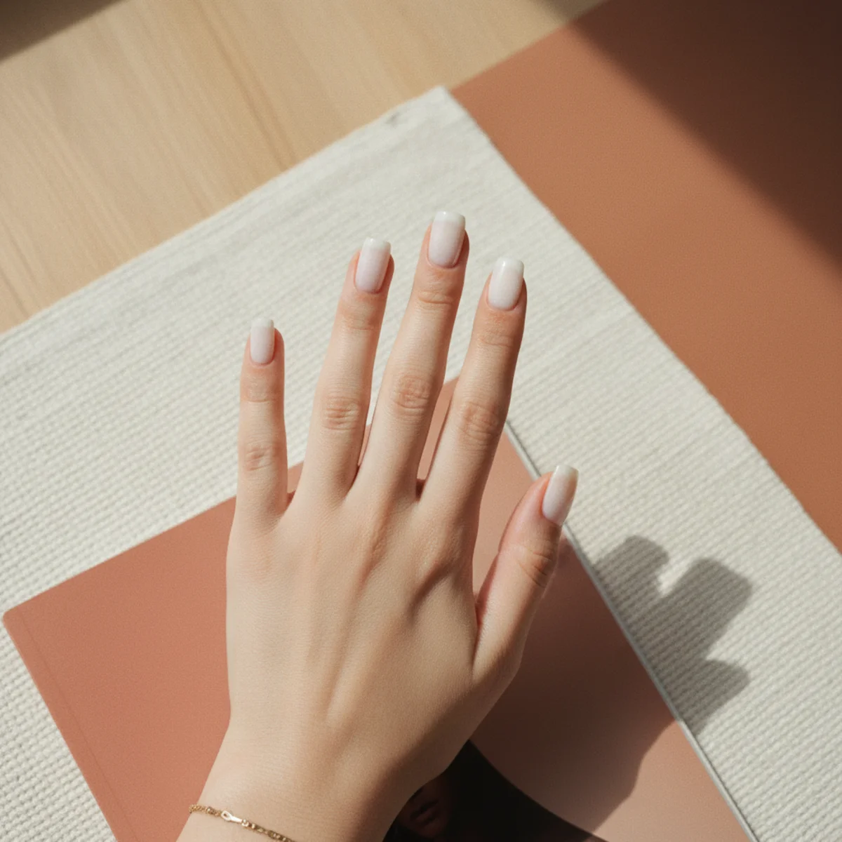 Square nails in a sheer soft white with a translucent milky finish
