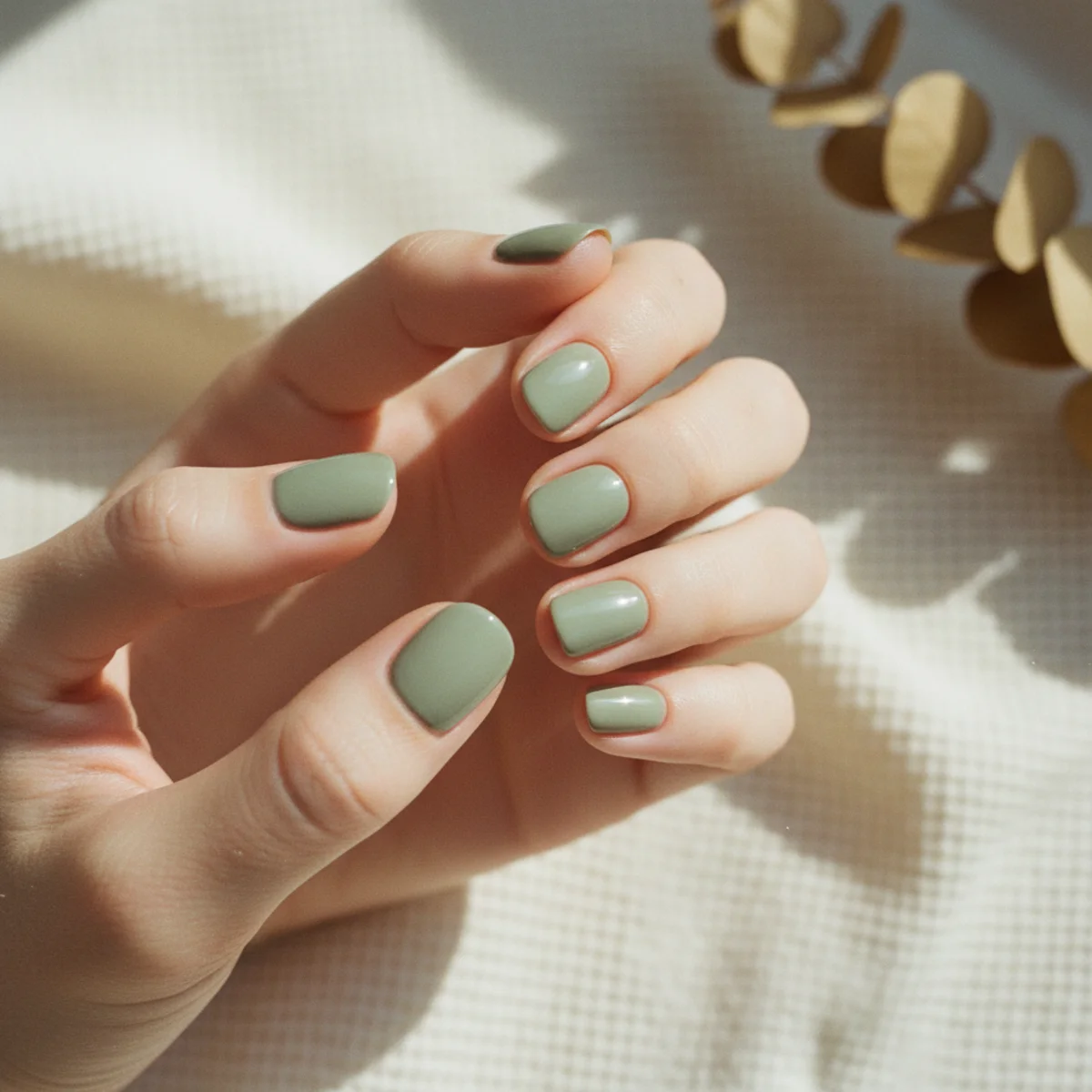 Rounded short nails in a soft muted sage green creme on a cream fabric