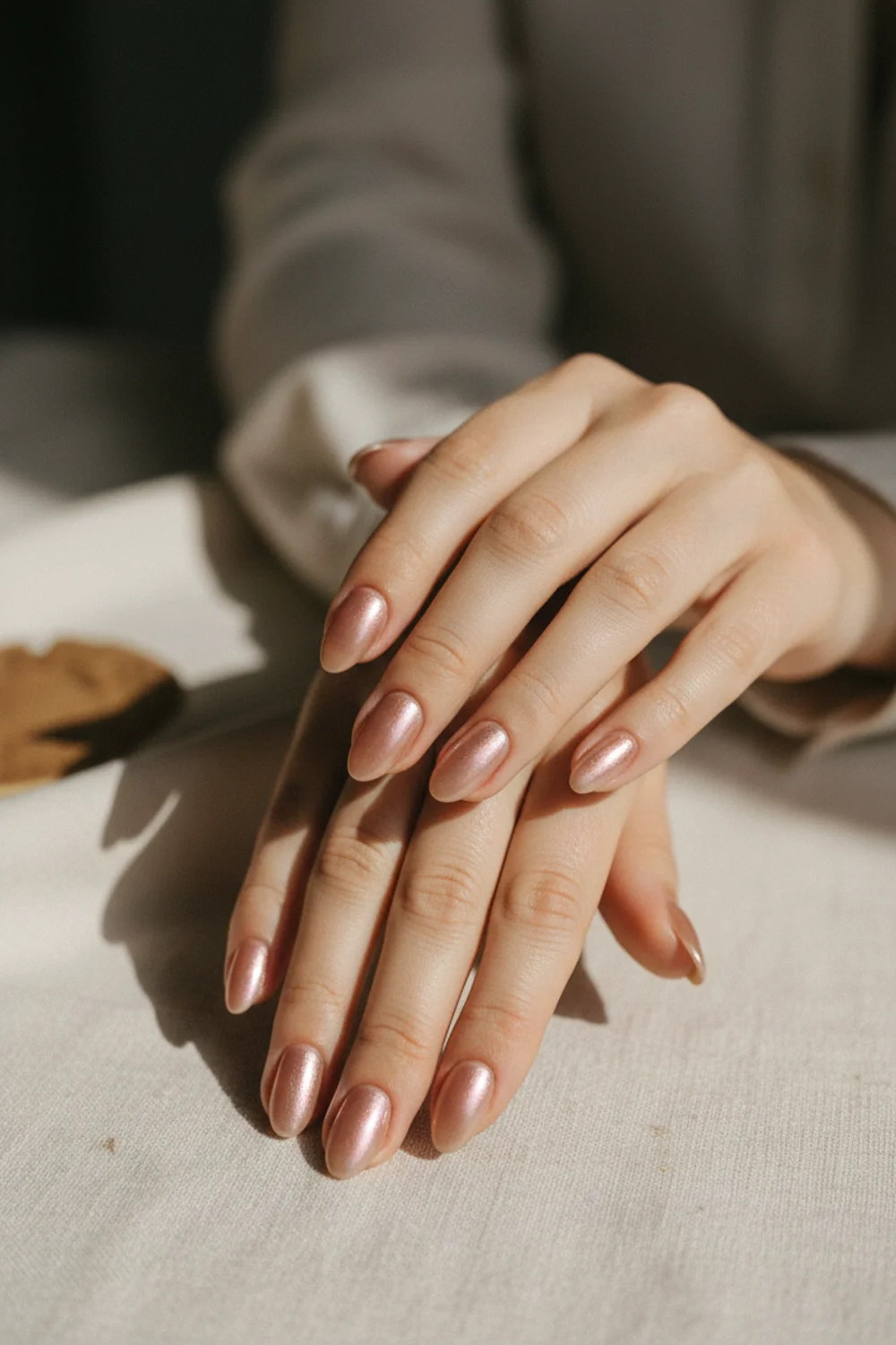 Glazed chrome nails in soft pearl resting on cream fabric — a top nail trend for 2026