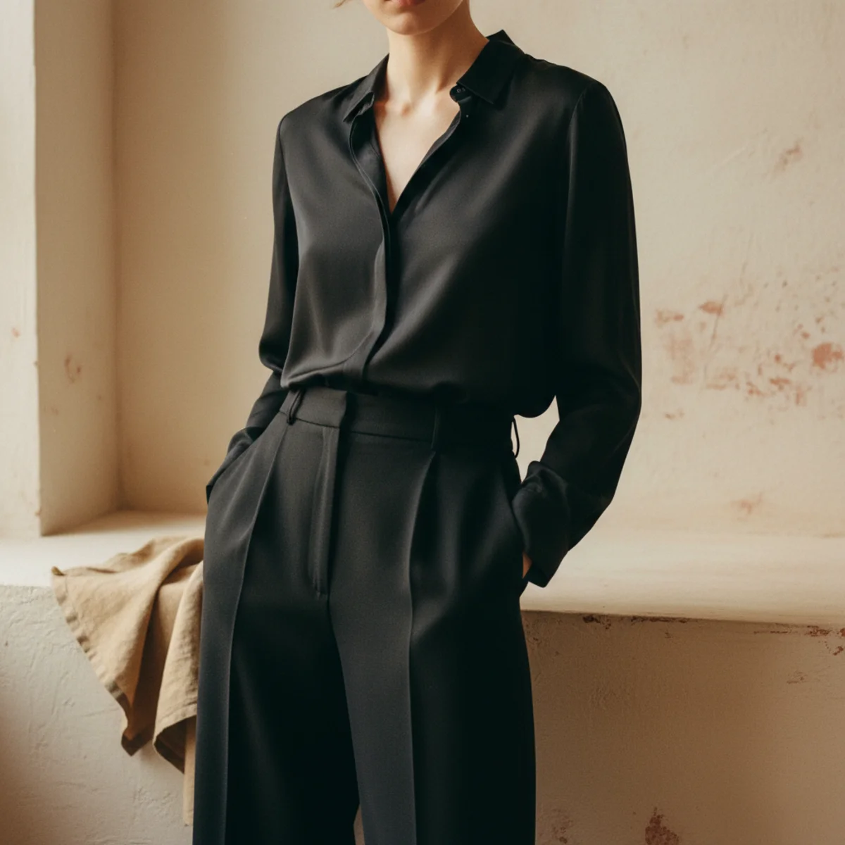 Faceless waist-up shot of an all-black outfit with a silk blouse tucked into wide-leg tailored trousers