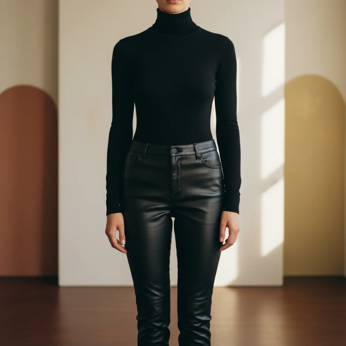 Faceless waist-up editorial of a fitted black turtleneck with slim black leather-look trousers