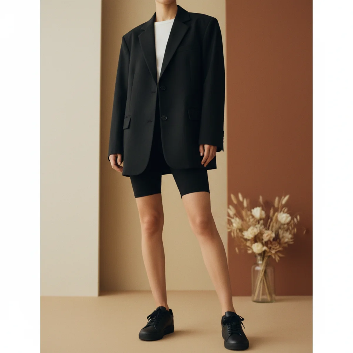 Faceless waist-down shot of an oversized black blazer worn over black cycling shorts with black trainers
