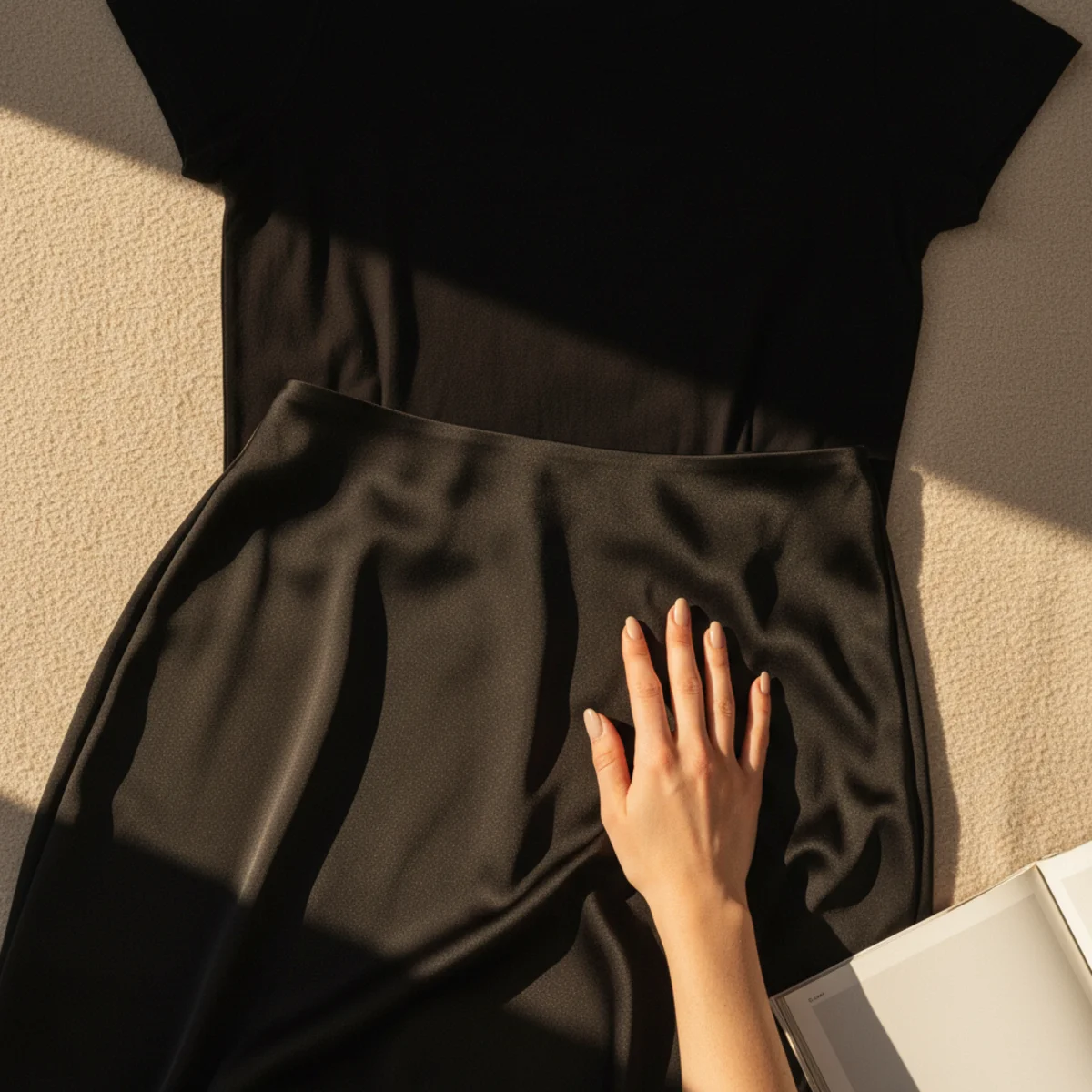 Faceless waist-down shot of a black satin bias-cut midi skirt paired with a tucked-in black tee