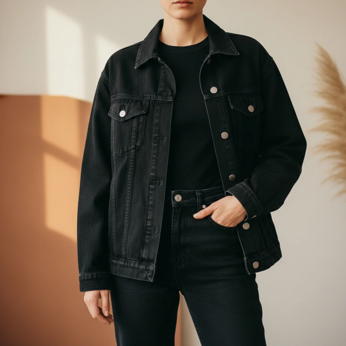Faceless waist-up shot of a black denim jacket layered over a black fitted top with straight-leg black jeans