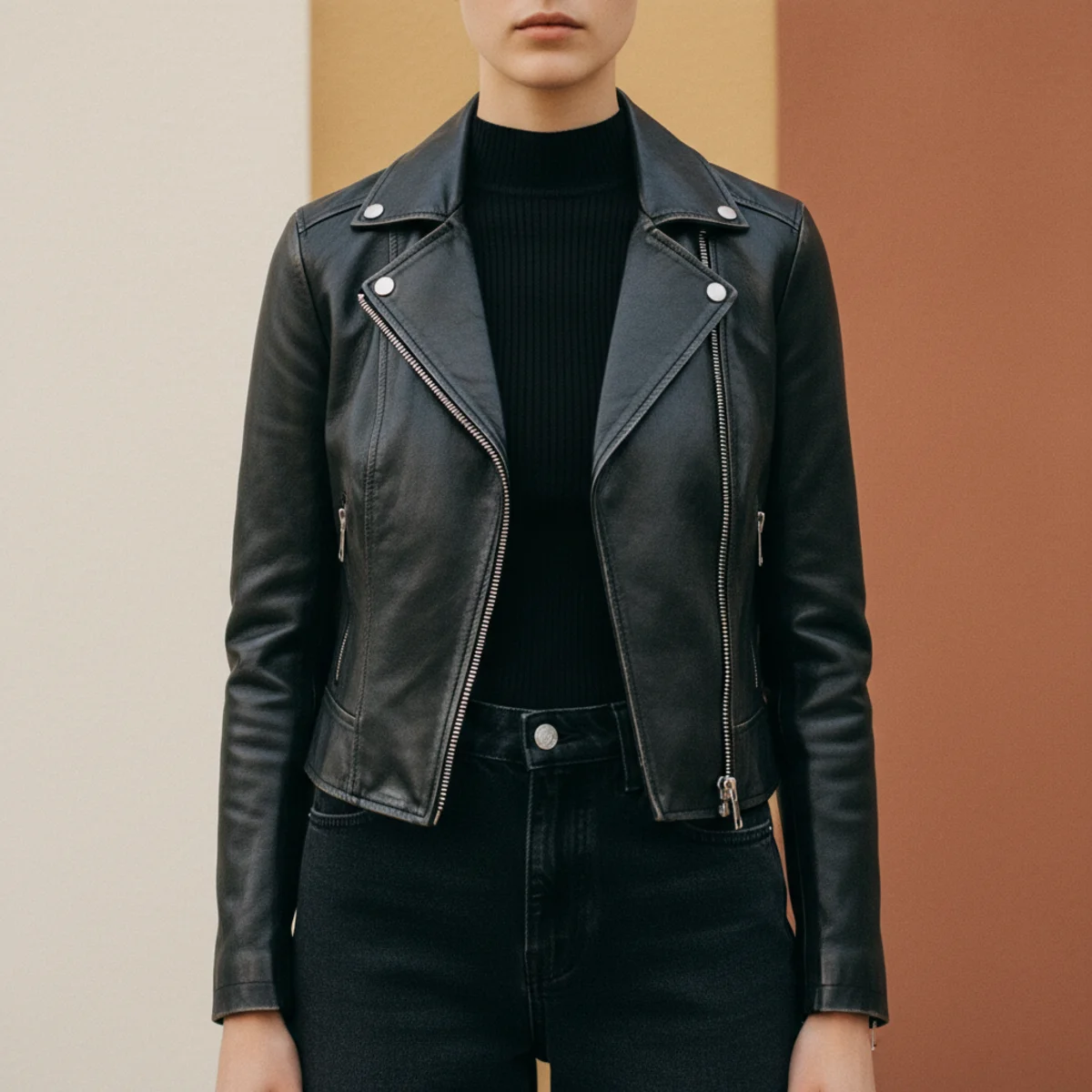 Faceless waist-up shot of a fitted black leather jacket over a black ribbed top with wide-leg black jeans