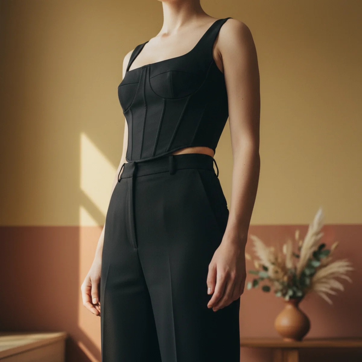 Faceless waist-up editorial of a black structured corset-style top with straight black tailored trousers