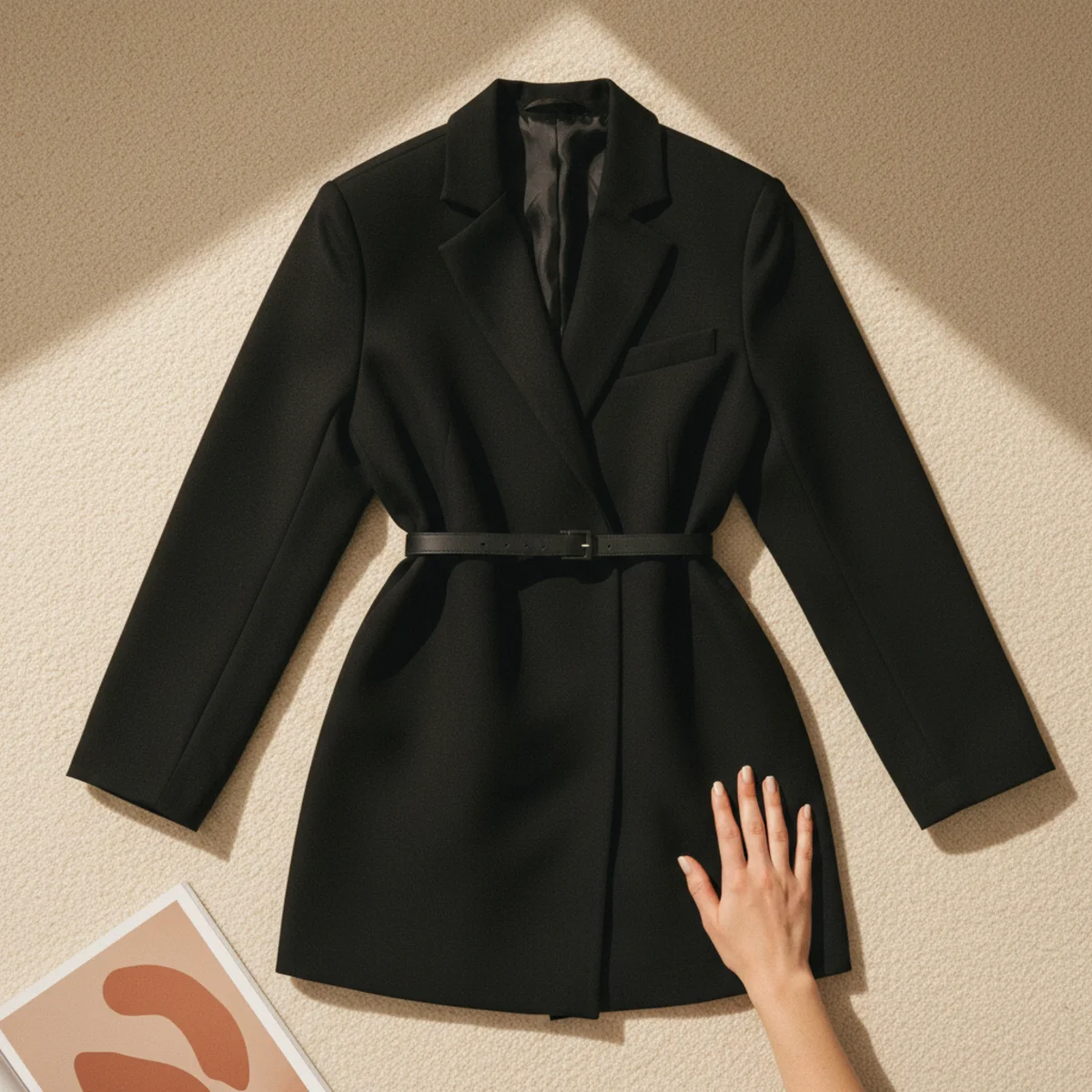 Faceless full-length shot of a black oversized blazer worn as a dress with a thin black belt at the waist