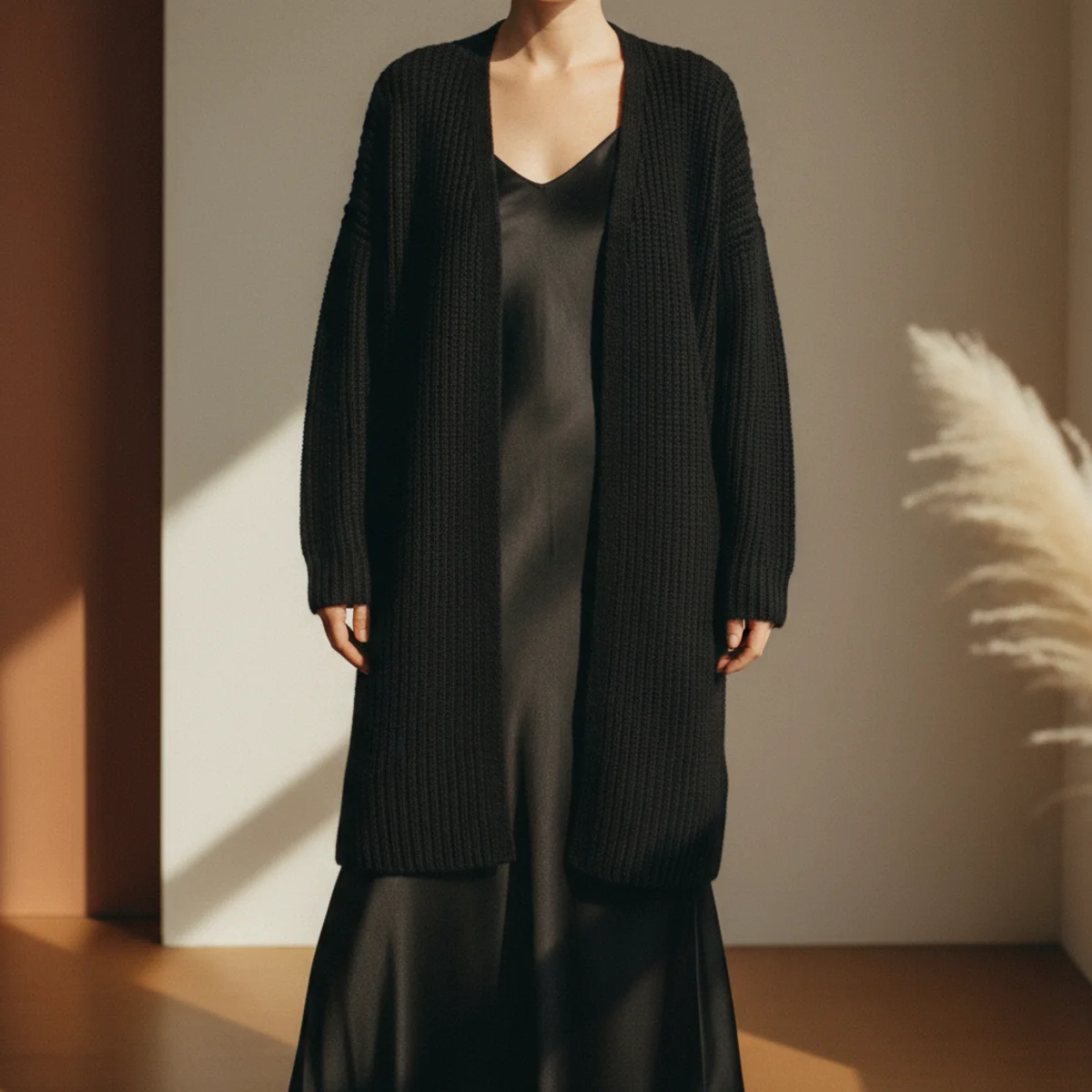 Faceless full-length shot of a long black chunky cardigan layered over a black satin slip dress
