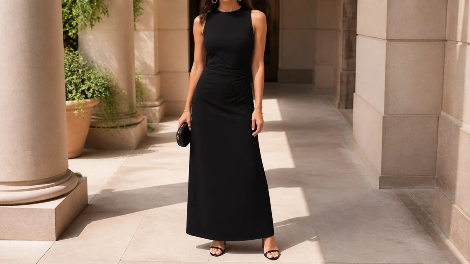Faceless full-length shot of a sleeveless black crepe column maxi dress with strappy heels and gold earrings