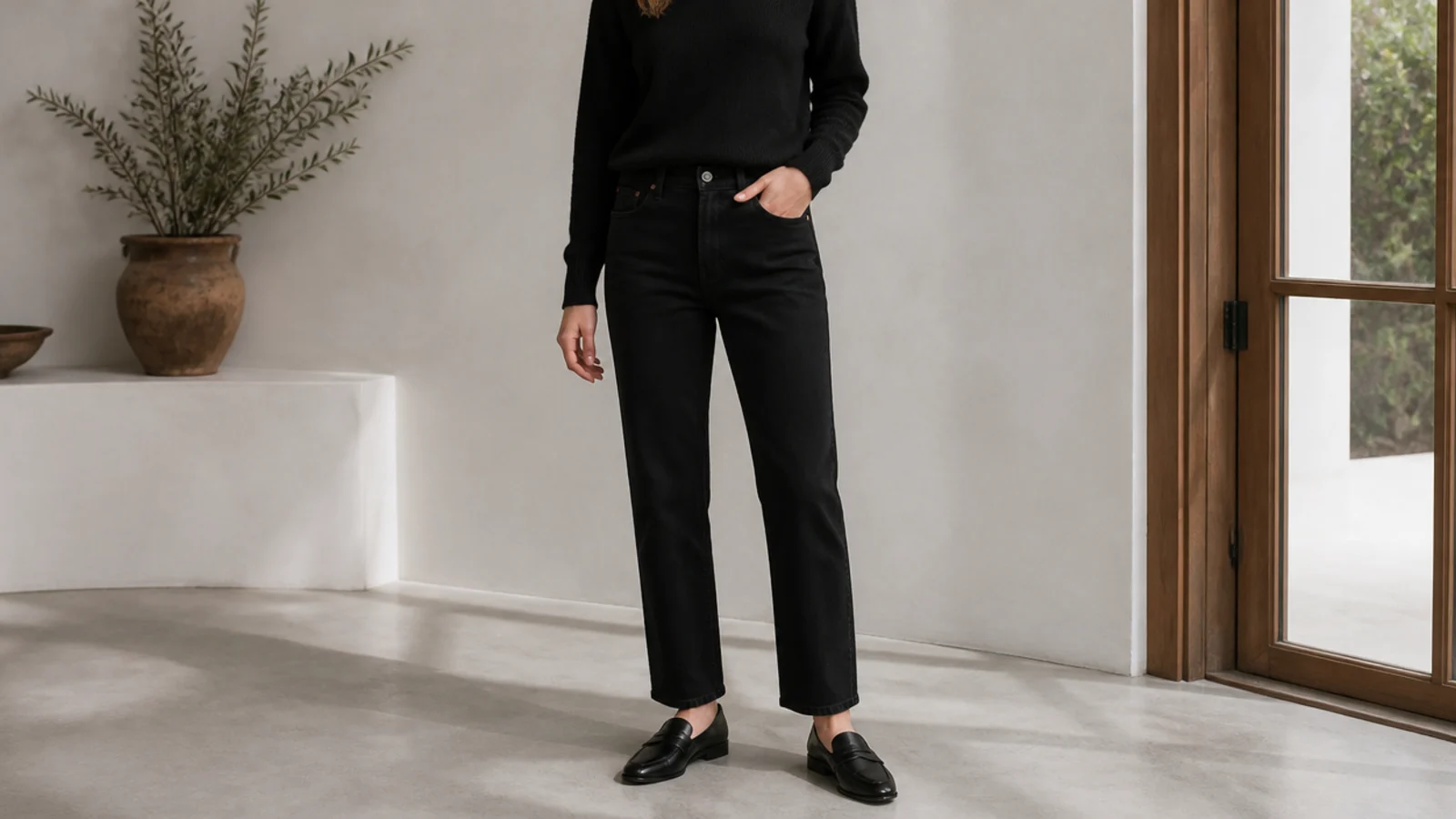 Faceless casual outfit with a black cashmere crewneck tucked into black straight-leg jeans with black leather loafers