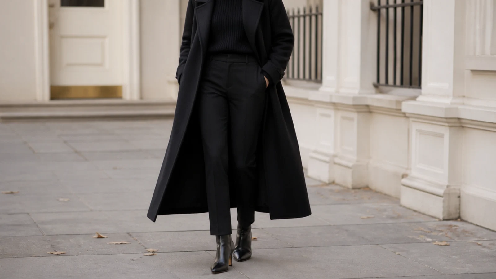 Faceless outfit with a long black wool coat open over a black knit and black tailored trousers with black ankle boots