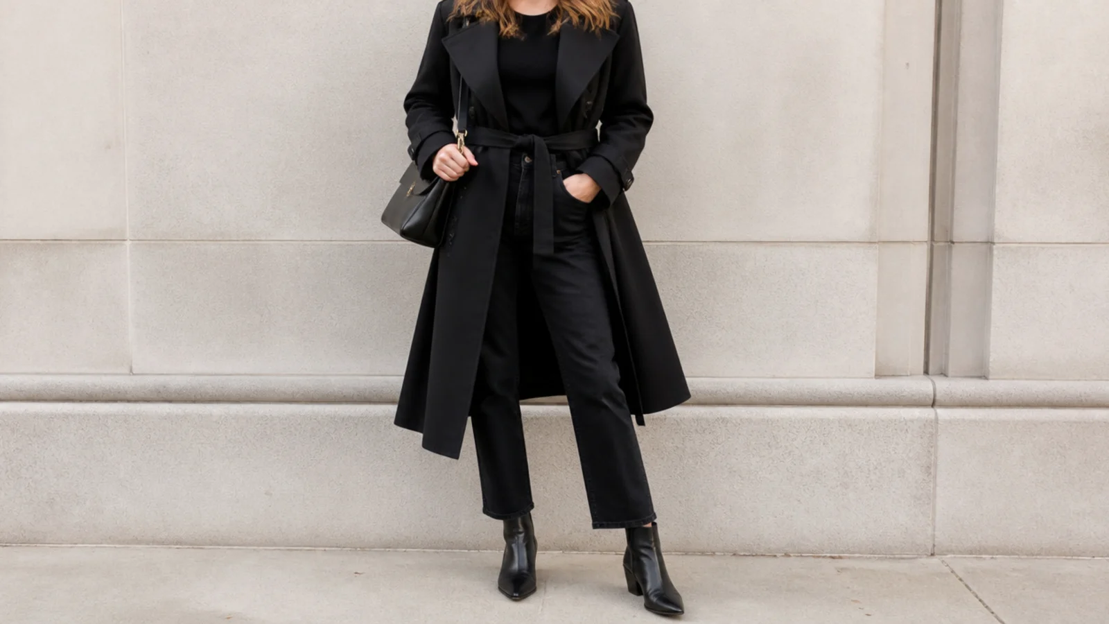 Faceless outfit with a belted black trench coat over a black tee with black straight jeans and black ankle boots