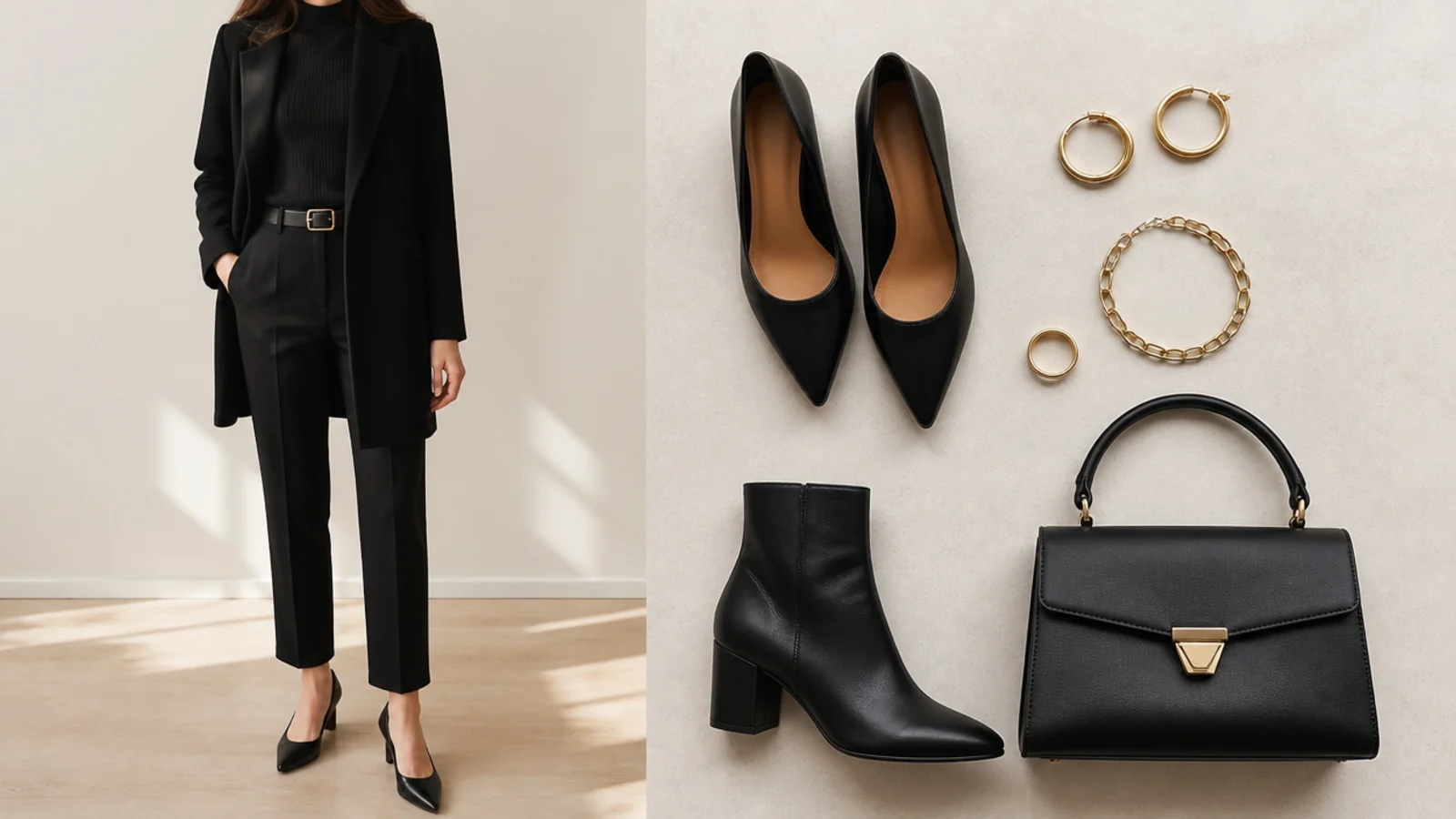 Faceless flat-lay of pointed black pumps, ankle boots, gold jewelry and a structured black bag for finishing all-black outfits