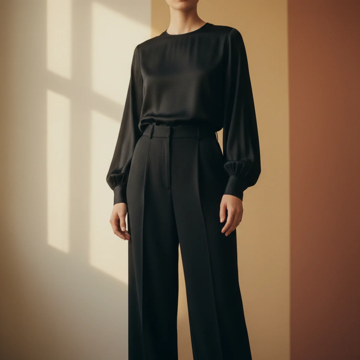 Faceless waist-up editorial shot of an all-black outfit with tailored trousers and a silk blouse
