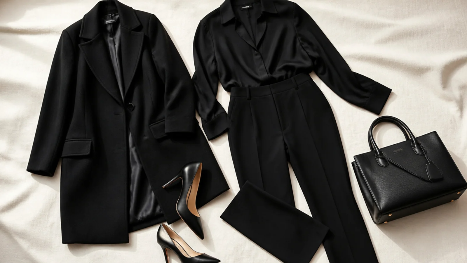 Faceless flat-lay of matte black crepe, wool, silk and grained leather showing expensive all-black fabrics