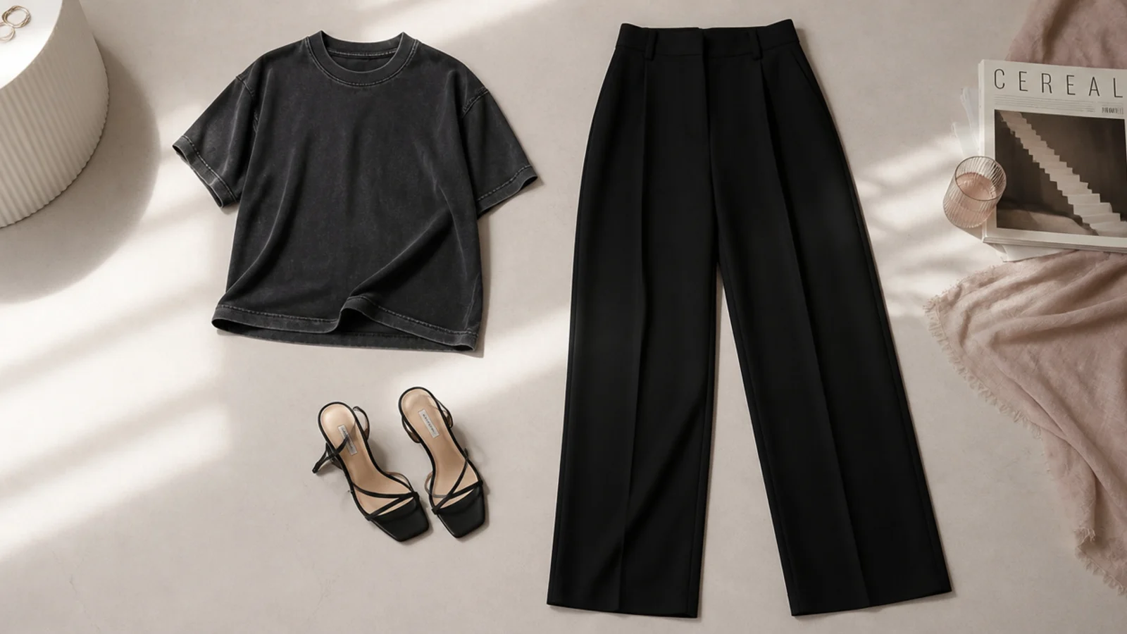 Faceless flat-lay comparing a faded gray-black cotton tee beside a deep jet-black crepe trouser