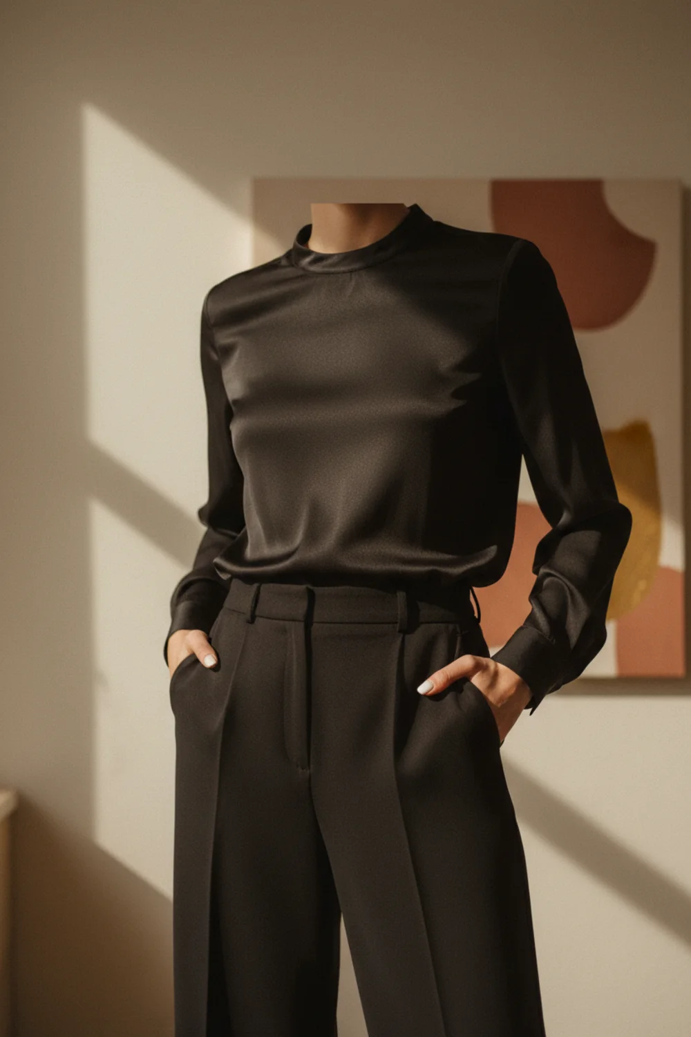 Faceless all-black outfit with a silk blouse and tailored trousers — sleek date-night dressing