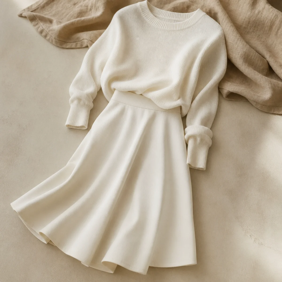 Faceless full-length shot of an all-white outfit with a white skirt and a white fine knit