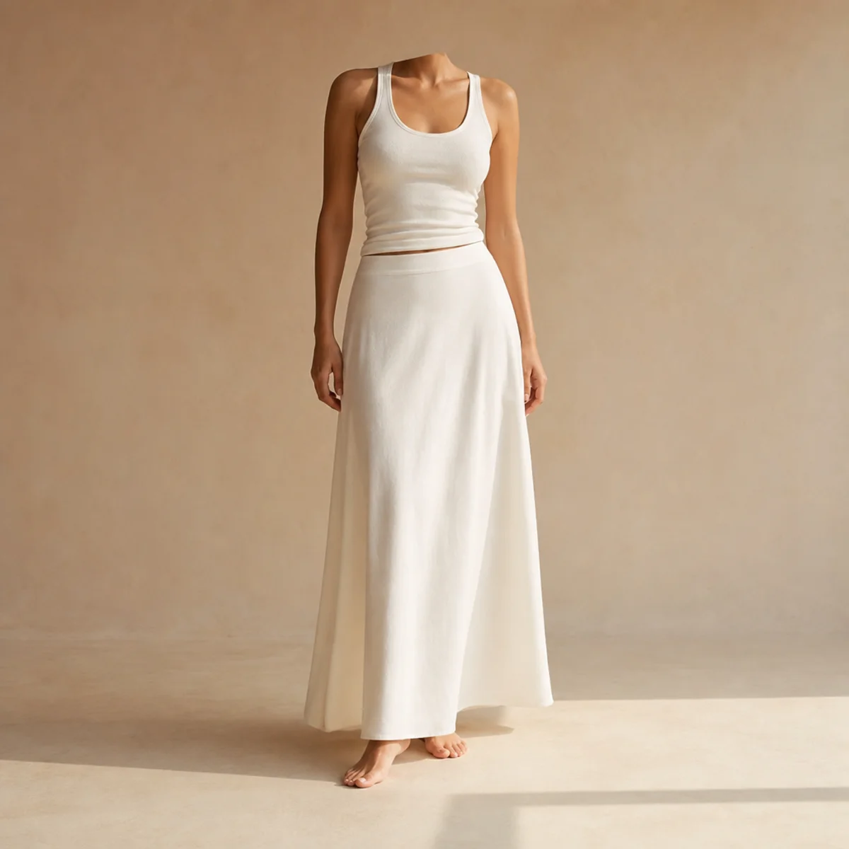 Faceless full-length shot of an all-white outfit with a white skirt and a fitted white tank