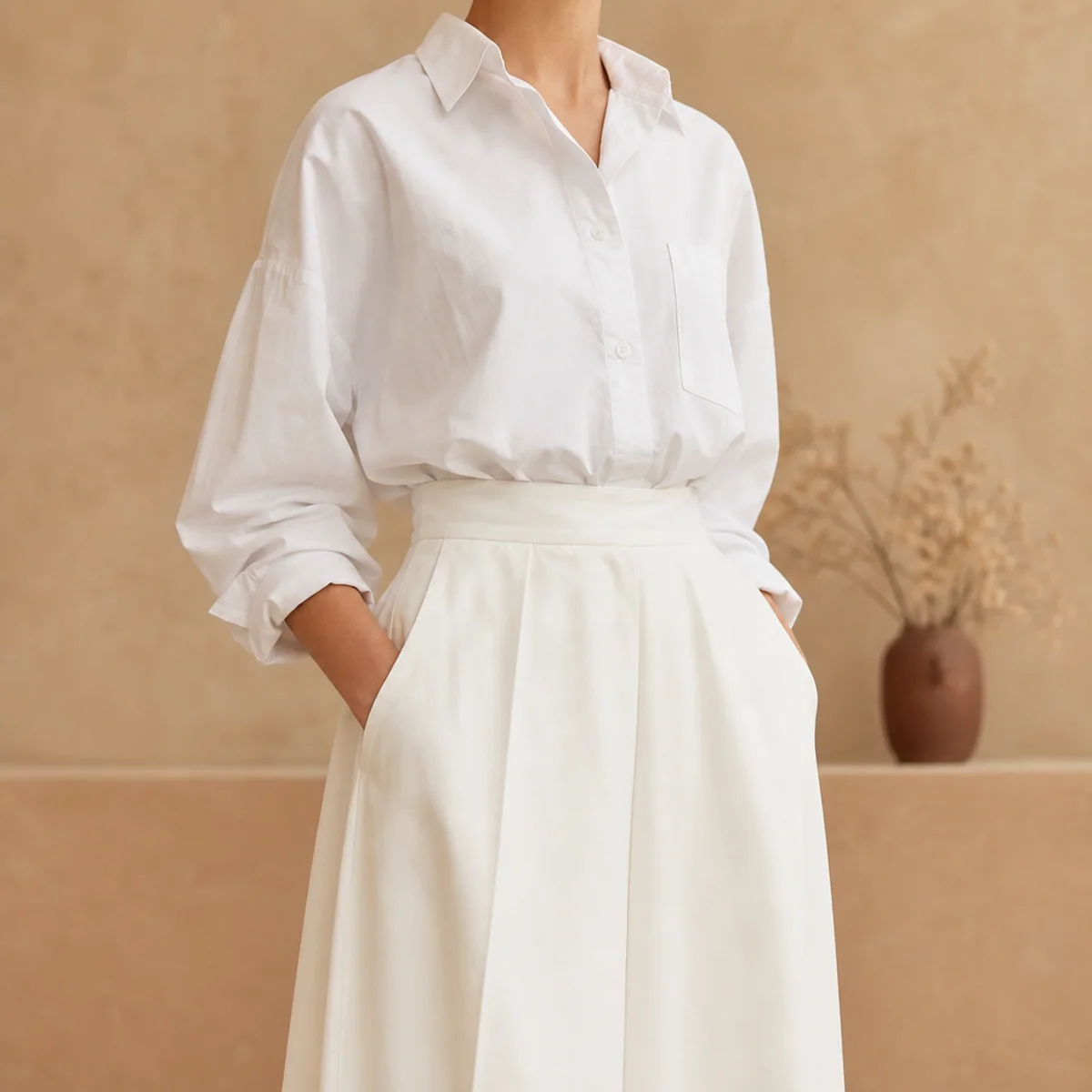 Faceless waist-up shot of an all-white outfit with a white skirt and a crisp white button-down