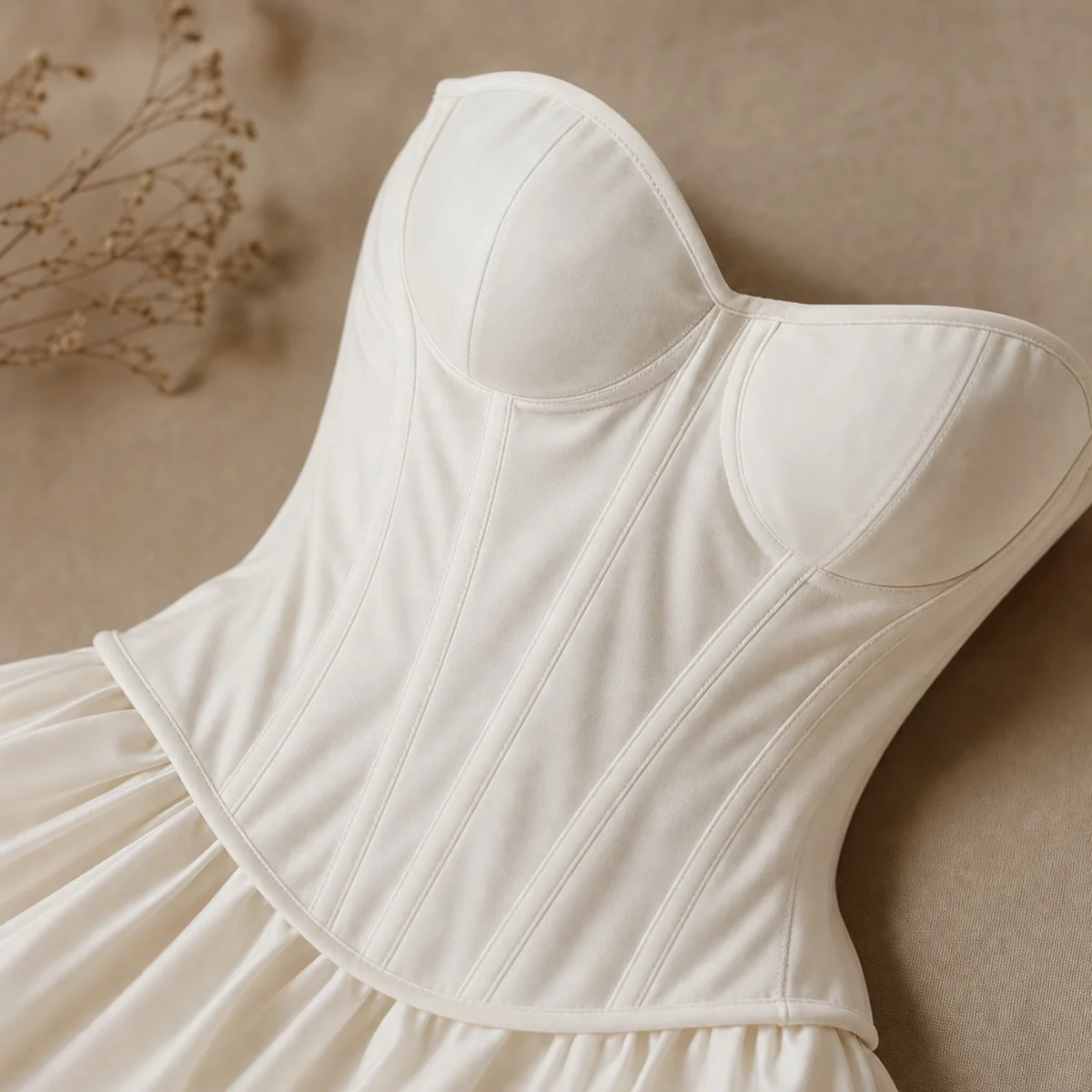 Faceless waist-up shot of an all-white outfit with a white skirt and a white corset top