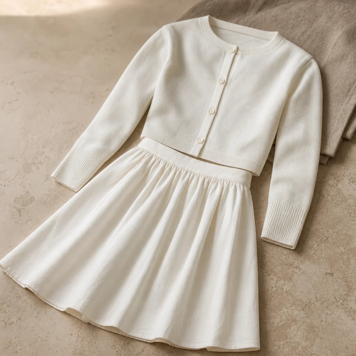Faceless waist-up shot of an all-white outfit with a white skirt and a cropped white cardigan