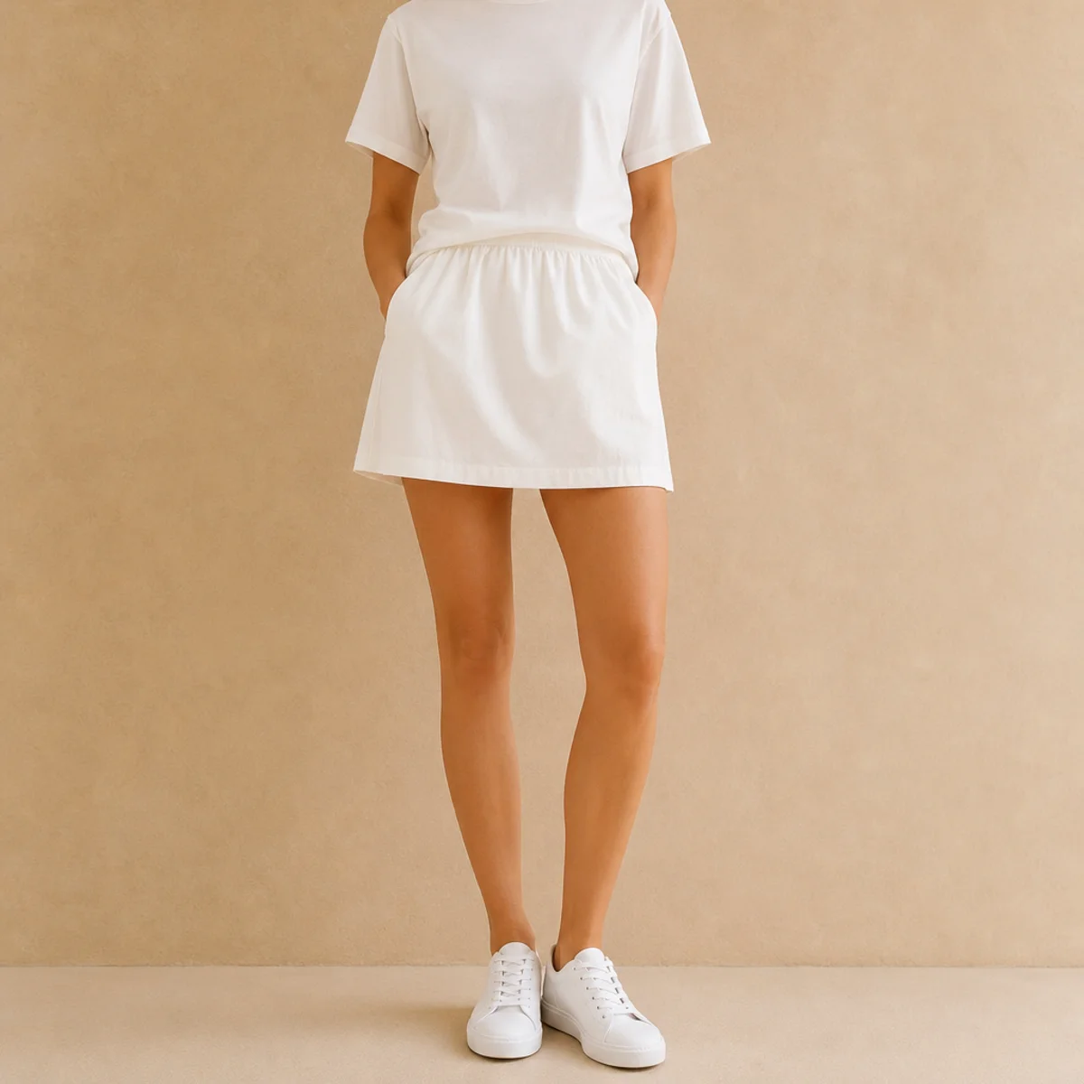 Faceless full-length shot of an all-white outfit with a white skirt, white tee and white sneakers