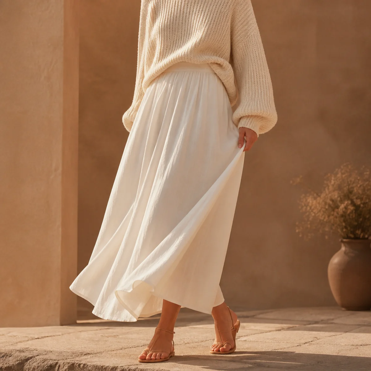 Faceless full-length shot of a tonal white-and-cream outfit with a white skirt and a cream knit