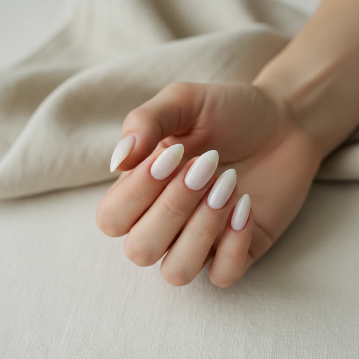 Almond-shaped nails painted in a soft sheer milky white on a cream textured surface