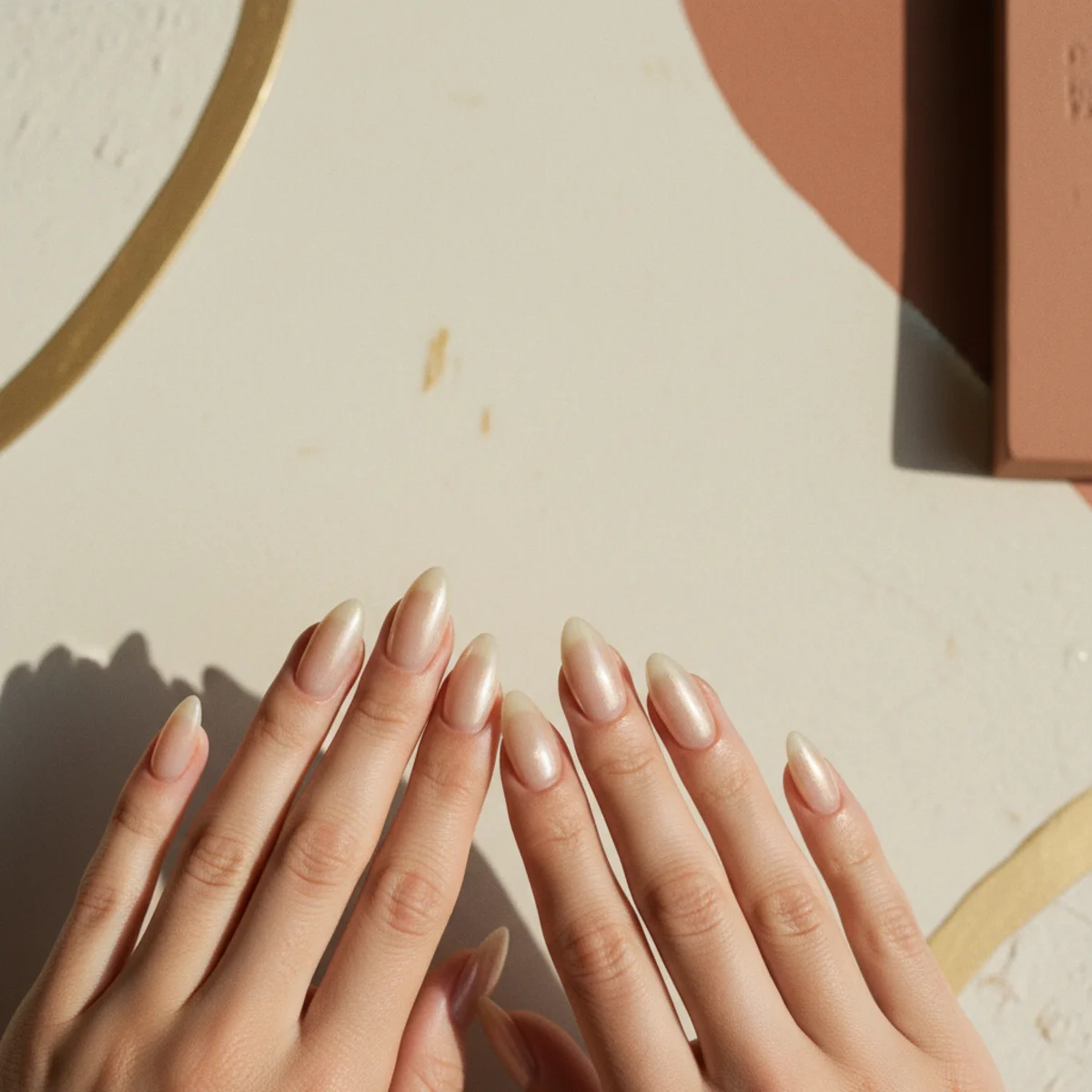 Almond nails with a pearly champagne glazed-donut chrome finish catching the light