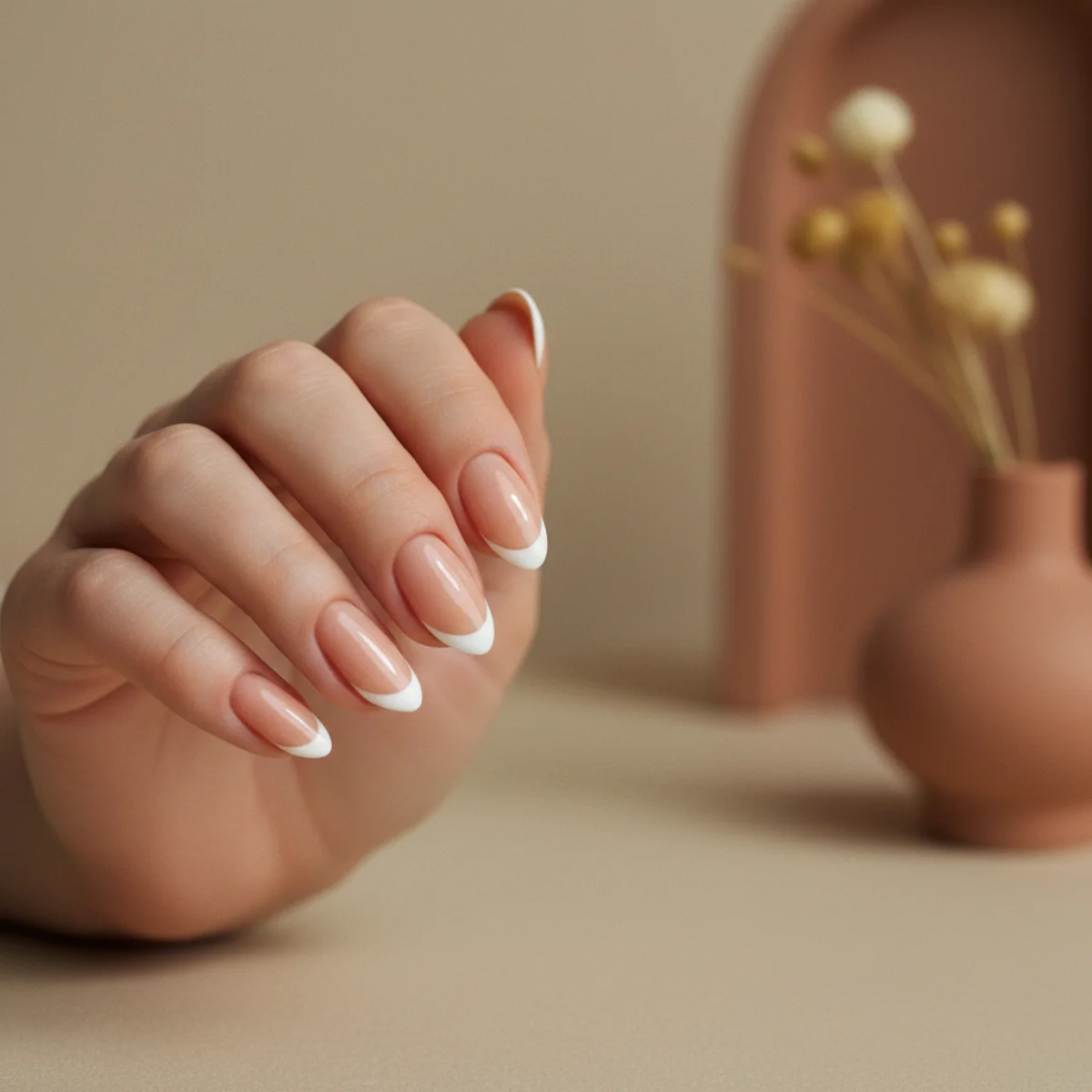 Almond nails with a clean classic French manicure, nude base and crisp thin white tips