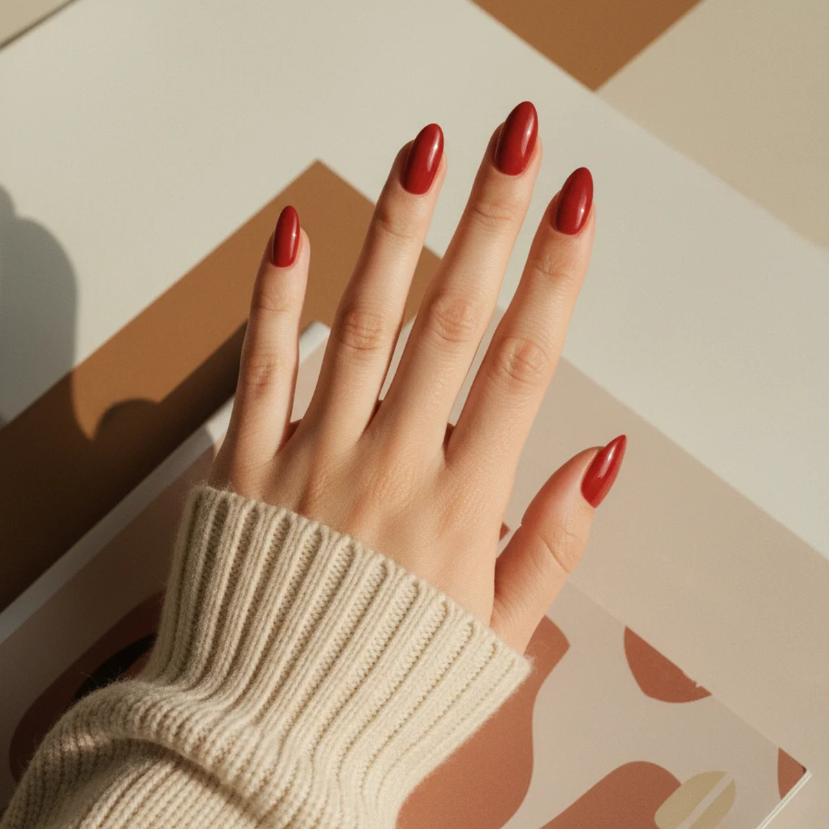 Glossy cherry-red almond nails resting on a cream knit fabric
