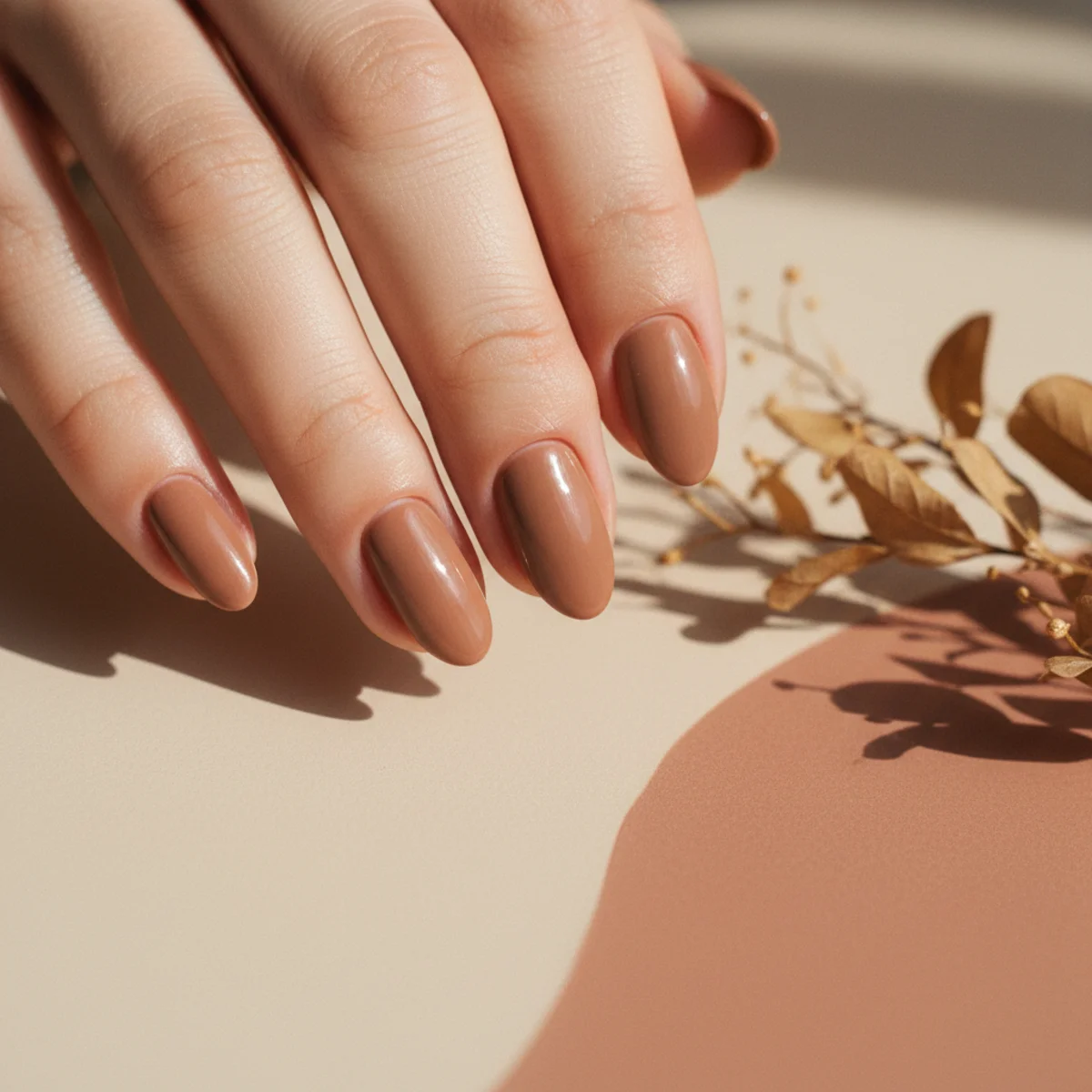 Almond nails in a warm cocoa-nude beige on a soft warm-toned surface