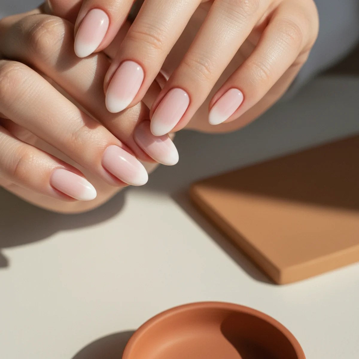 Almond nails with a soft airbrushed pale-pink aura halo over a sheer neutral base