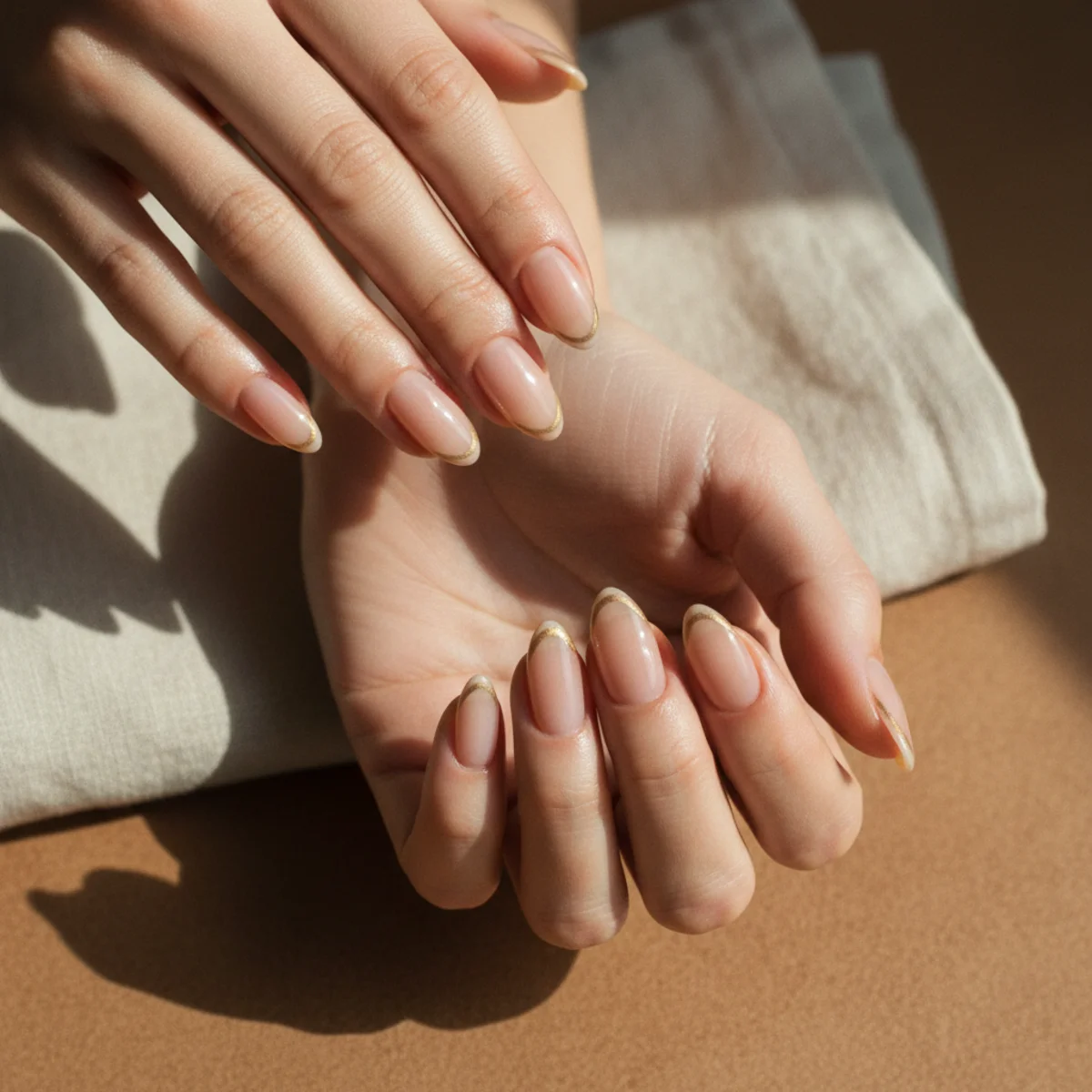Almond nails with an ultra-thin gold micro-French tip over a sheer nude base