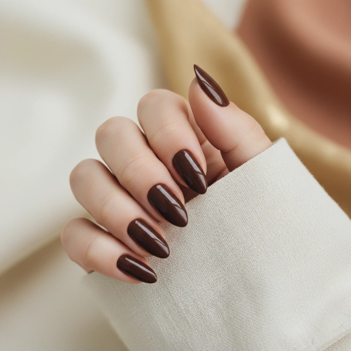 Deep glossy espresso-brown almond nails on a cream textured surface